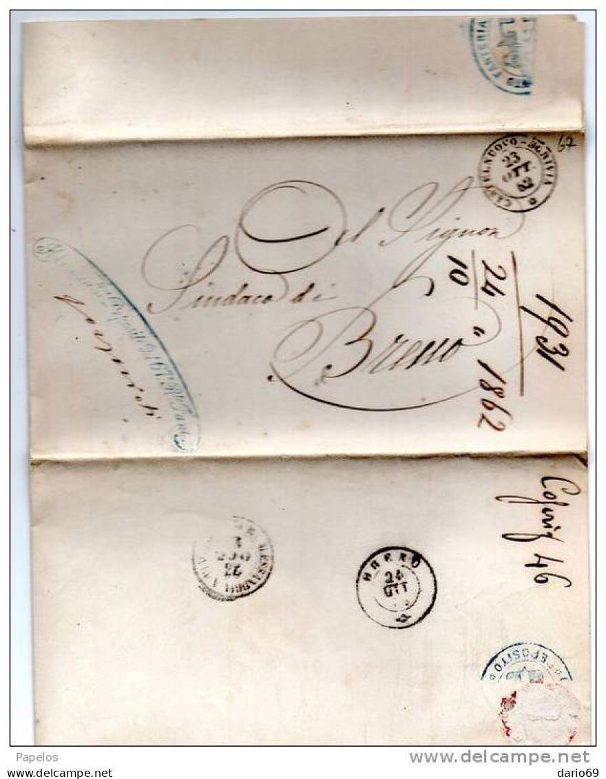 1862  LETTERA CON ANNULLO CASTELNUOVO  SCRIVIA  + BRENO     67°  REGGIMENTO FANTERIA BRIGATA  PALERMO - Storia Postale