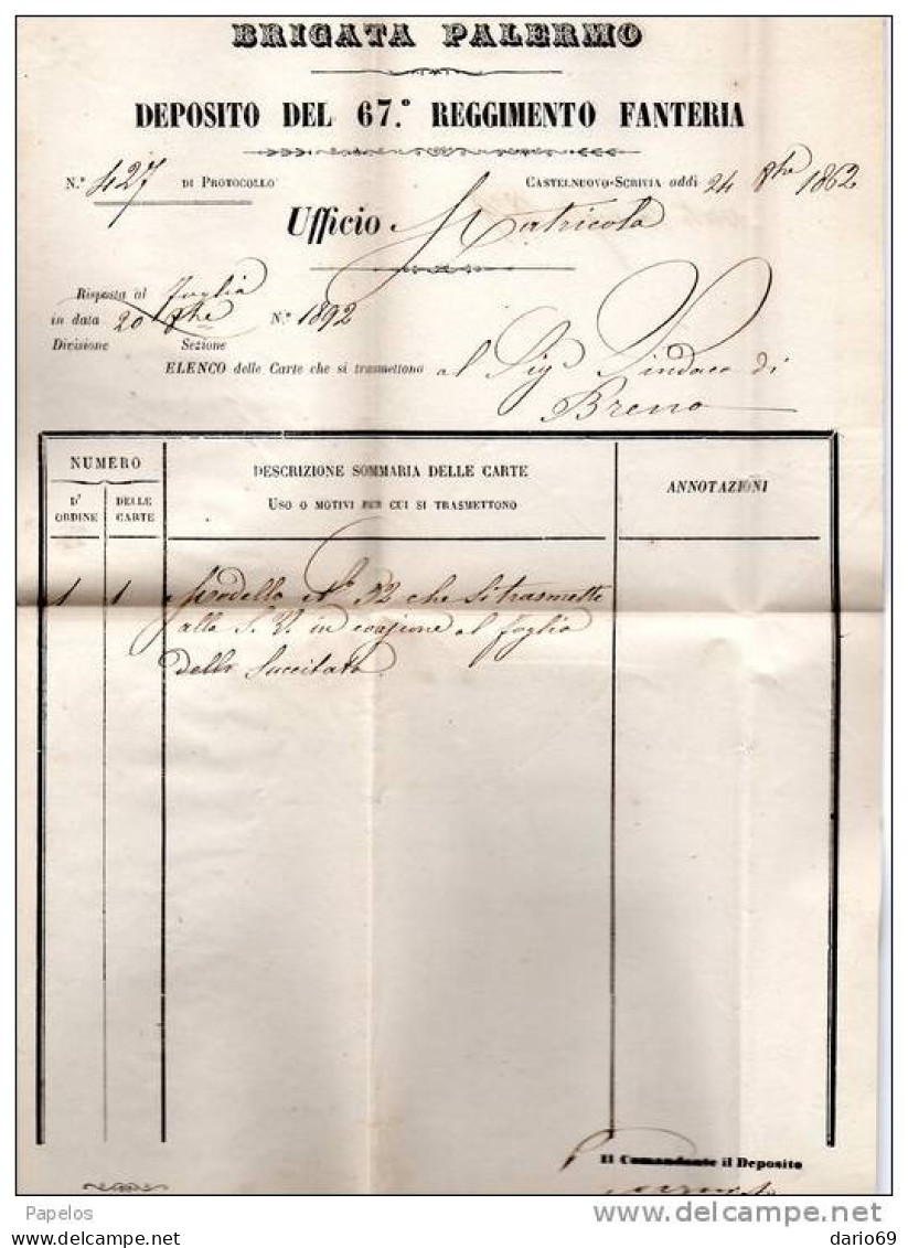 1862  LETTERA CON ANNULLO CASTELNUOVO  SCRIVIA  + BRENO     67°  REGGIMENTO FANTERIA BRIGATA  PALERMO - Marcofilía