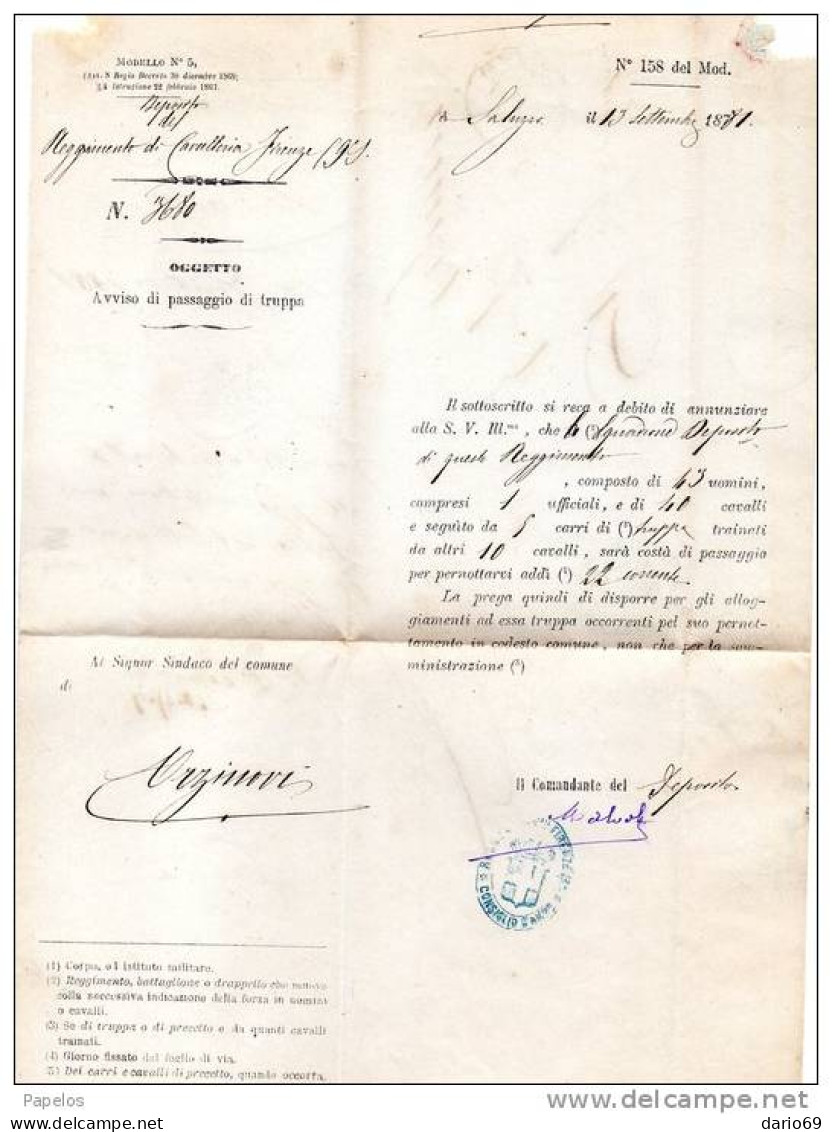 1881  LETTERA CON ANNULLO SALUZZO    +  STEMMA  REGGIMENTO CAVALLERIA FIRENZE AVVISO DI PASSAGGIO DI TRUPPE - Storia Postale