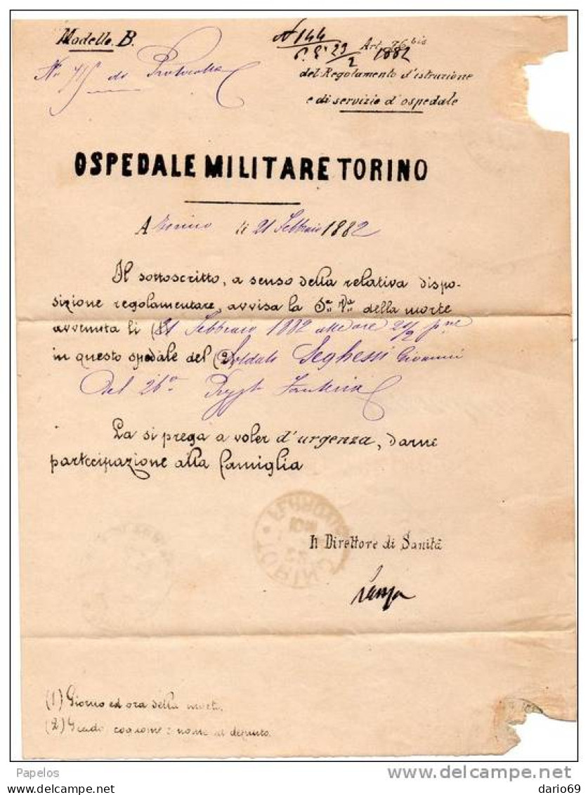 1882  LETTERA CON ANNULLO TORINO  +  DIREZIONE DI SANITÀ    MILITARE - Storia Postale
