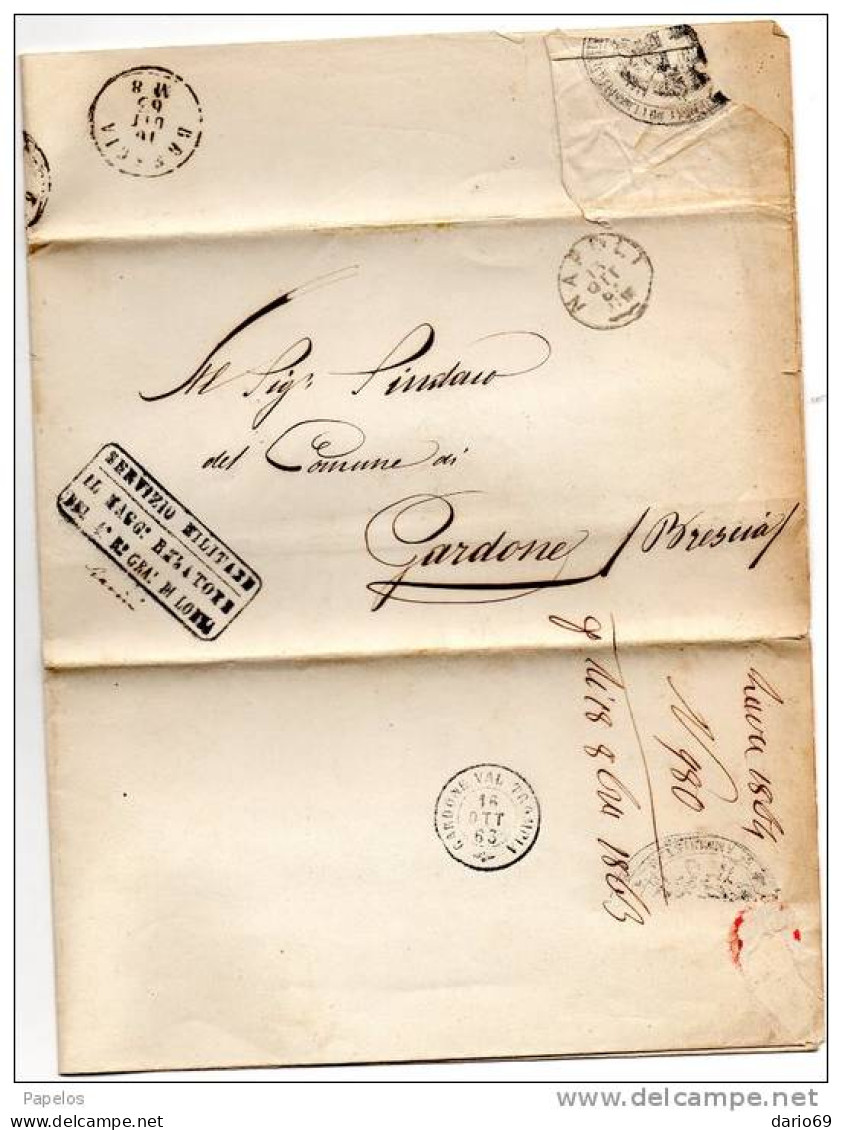 1863  LETTERA  CON ANNULLO NAPOLI  X  GARDONE BRESCIA   -  4° REGGIMENTO GRANATIERI BRIGATA LOMBARDIA - Marcofilie