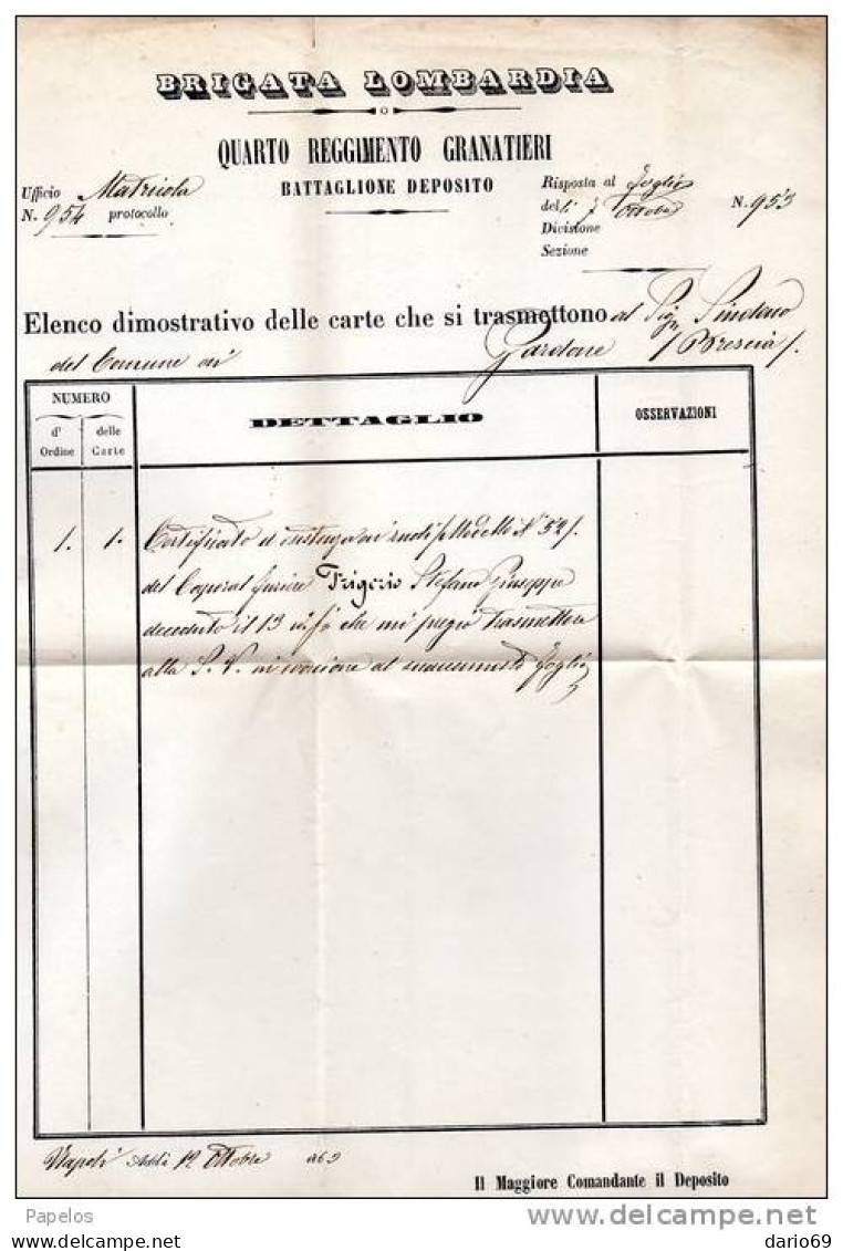 1863  LETTERA  CON ANNULLO NAPOLI  X  GARDONE BRESCIA   -  4° REGGIMENTO GRANATIERI BRIGATA LOMBARDIA - Storia Postale