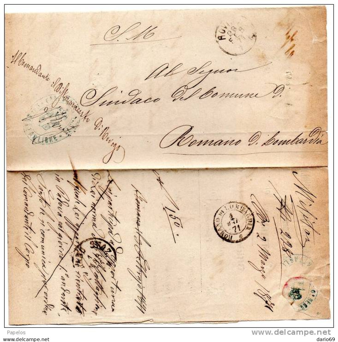 1871  LETTERA  CON ANNULLO ROVIGO  X ROMANO DI LOMBARDIA   -   BRIGATA GRANATIERI DI NAPOLI 6° REGGIMENTO - Marcophilia