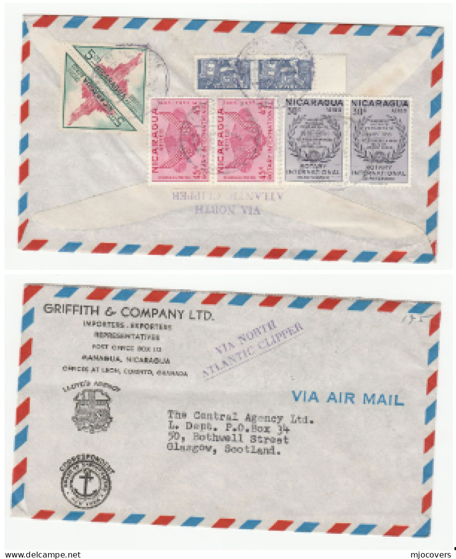 C 1955 Air Mail Via Clipper NICARAGUA  TRIANGULAR ROTARY Stamps LLOYDS AGENCY COAT Of ARMS Advert COVER To GB Aviation - Nicaragua