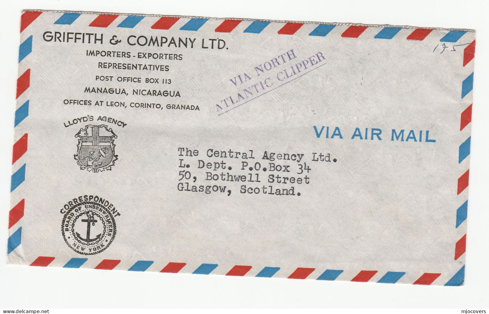 C 1955 Air Mail Via Clipper NICARAGUA  TRIANGULAR ROTARY Stamps LLOYDS AGENCY COAT Of ARMS Advert COVER To GB Aviation - Nicaragua