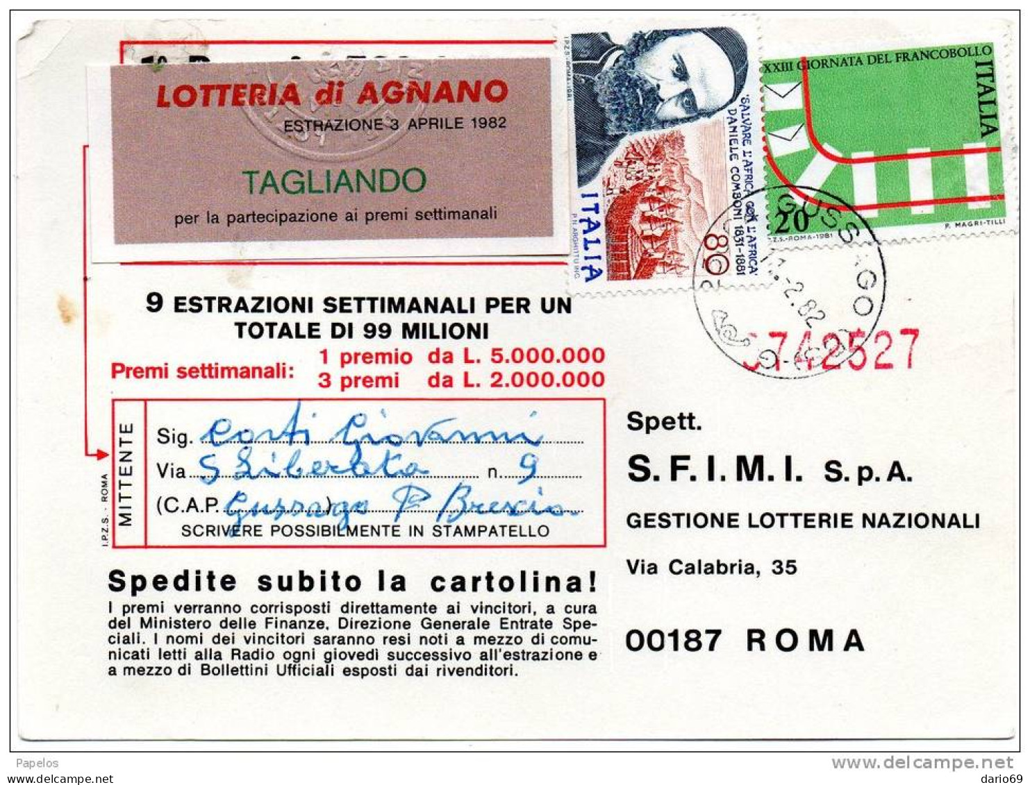 1982 CARTOLINA CON ANNULLO GUSSAGO BRESCIA - 1981-90: Marcophilia