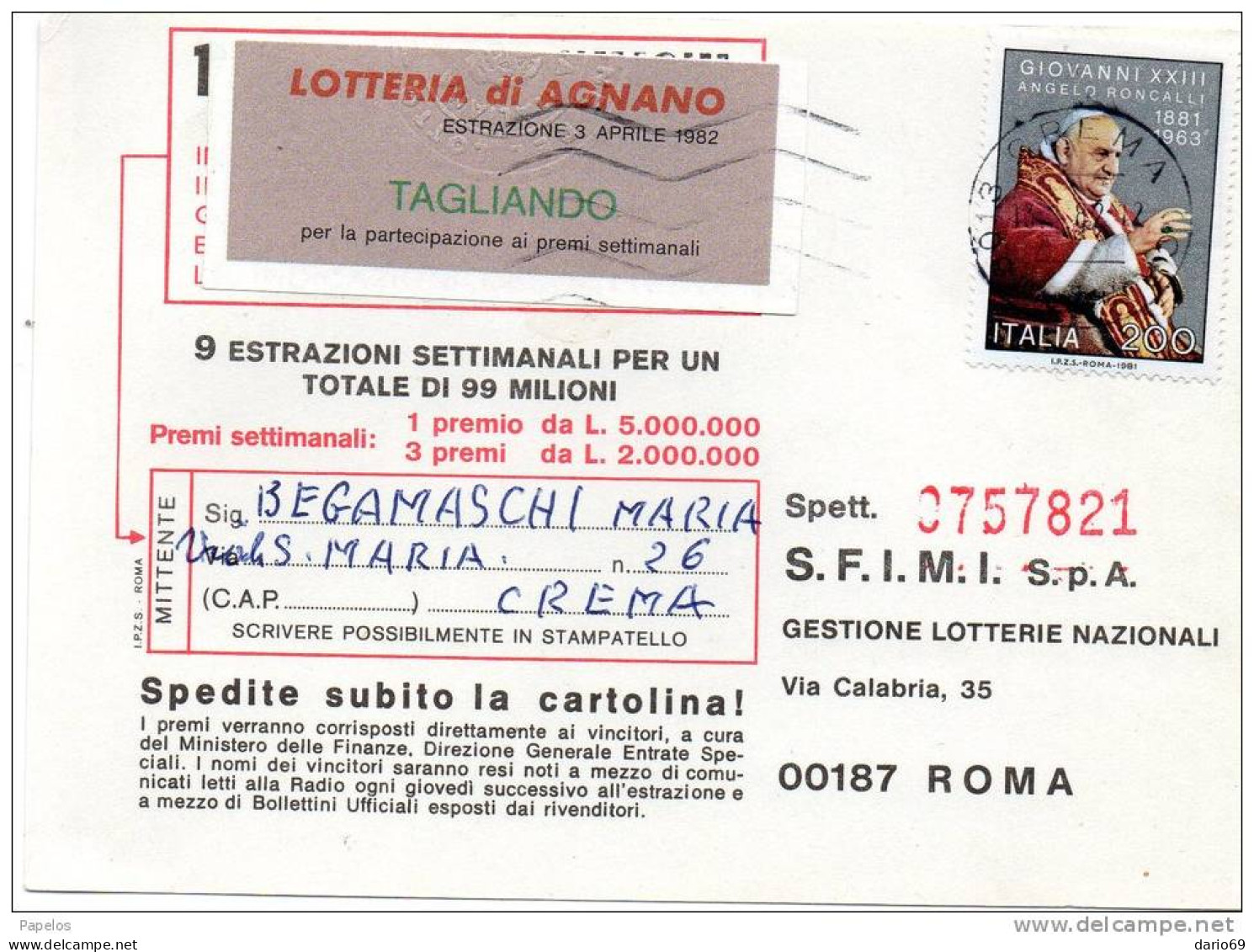 1982 CARTOLINA CON ANNULLO CREMA - 1981-90: Marcofilie