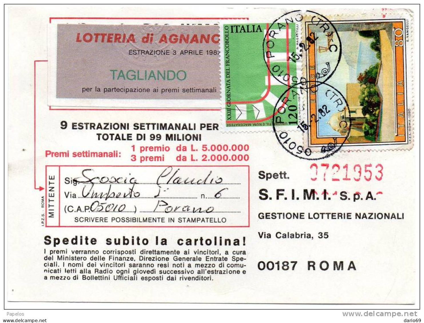 1982 CARTOLINA CON ANNULLO PORANO TR - 1981-90: Marcofilie