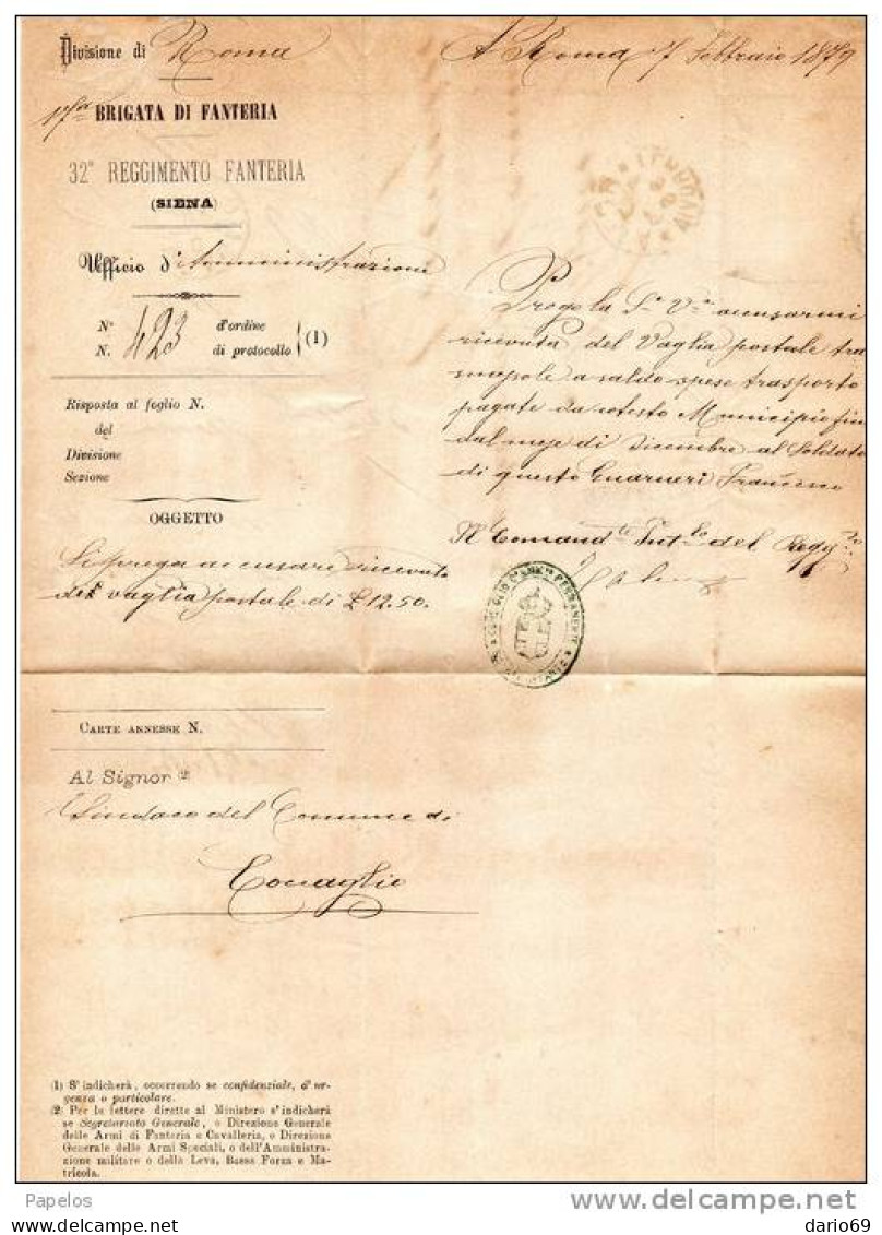 1879  LETTERA CON ANNULLO ROMA + COCCAGLIO BRESCIA - 32° REGGIMENTO FANTERIA - ...-1850 Préphilatélie