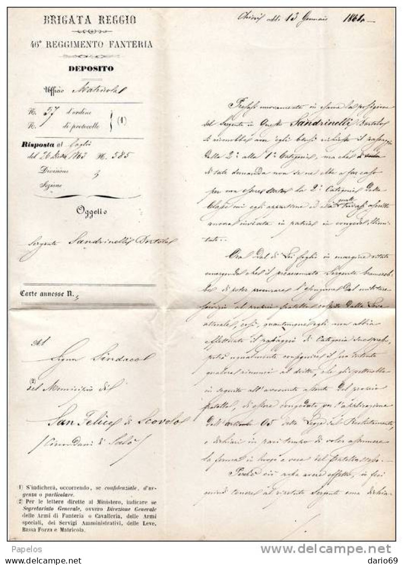 1864  LETTERA CON ANNULLO CHIERI   +  - 46° REGGIMENTO FANTERIA BRIGATA  REGGIO - Marcofilía