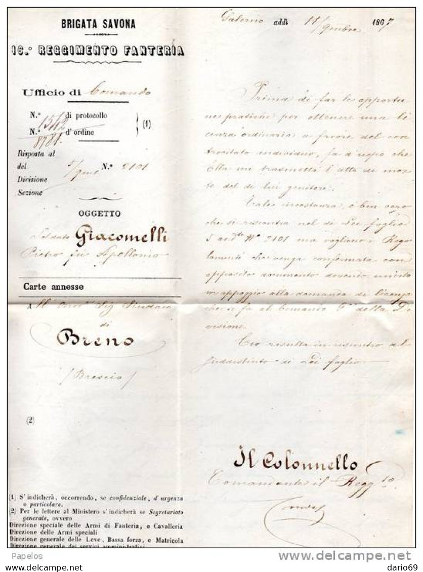 1867 LETTERA CON ANNULLO SALERNO    + 16°  REGGIMENTO FANTERIA BRIGATA SAVONA - Dienstmarken