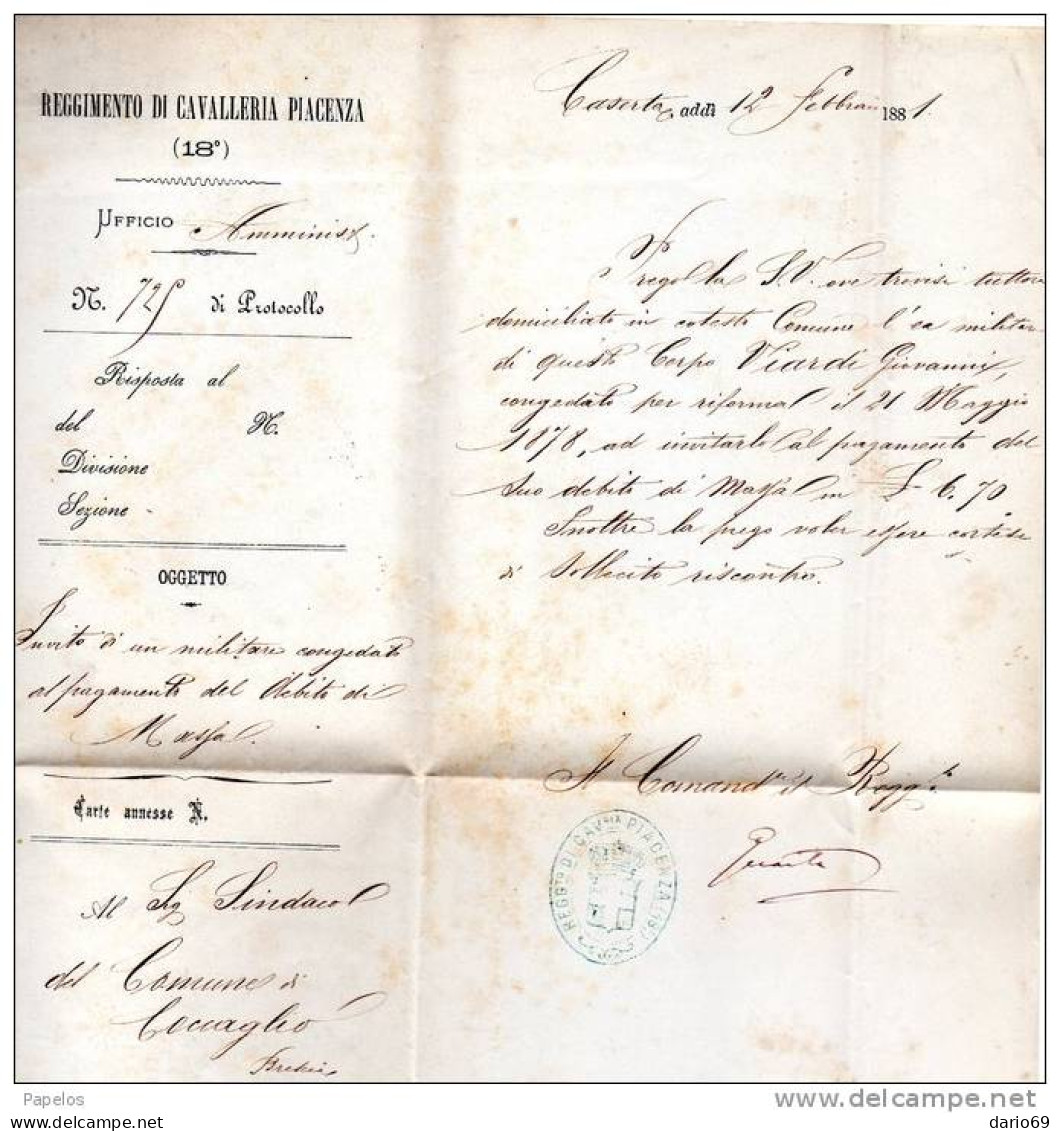 1881 LETTERA CON ANNULLO CASERTA   + 12 REGGIMENTO CAVALLERIA PIACENZA - Dienstmarken