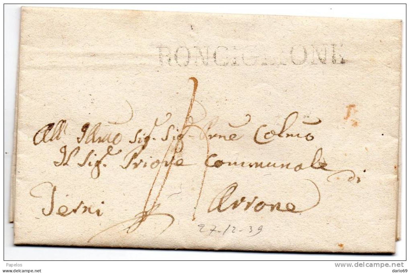 1839  LETTERA CON ANNULLO  RONGIGLIONE VITERBO - ...-1850 Préphilatélie