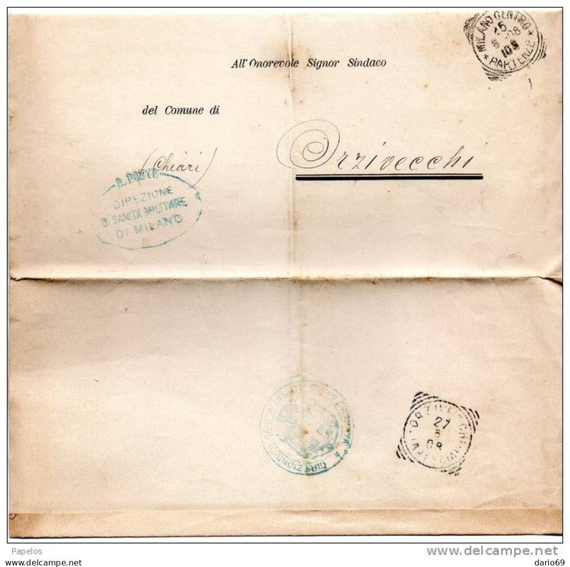 1908 LETTERA  CON ANNULLO MILANO + DIREZIONE DI SANITÀ   MILITARE - Portofreiheit