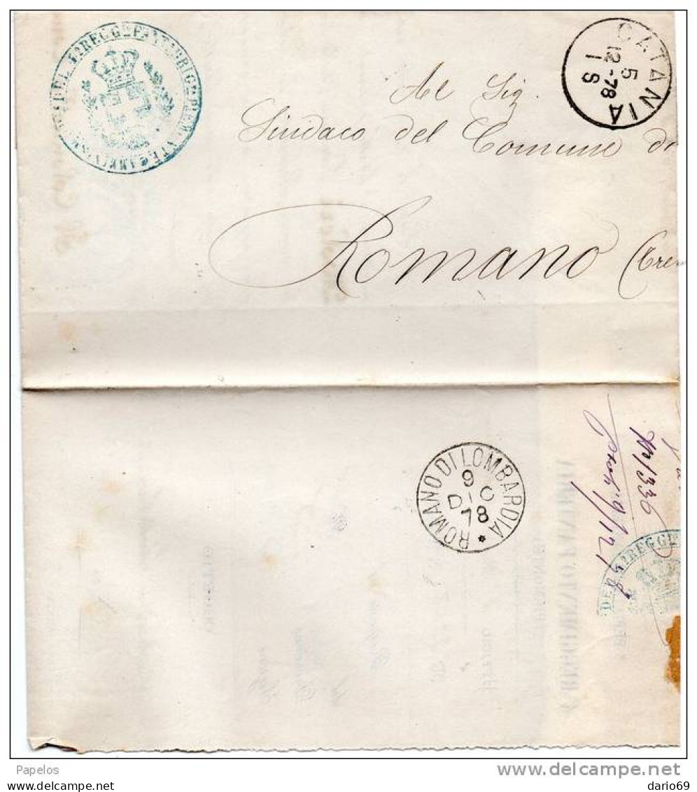1878 LETTERA CON ANNULLO CATANIA  +  ROMANO DI LOMBARDIA + 4 REGGIMENTO . FANTERIA BRIGATA PIEMONTE - Marcophilie