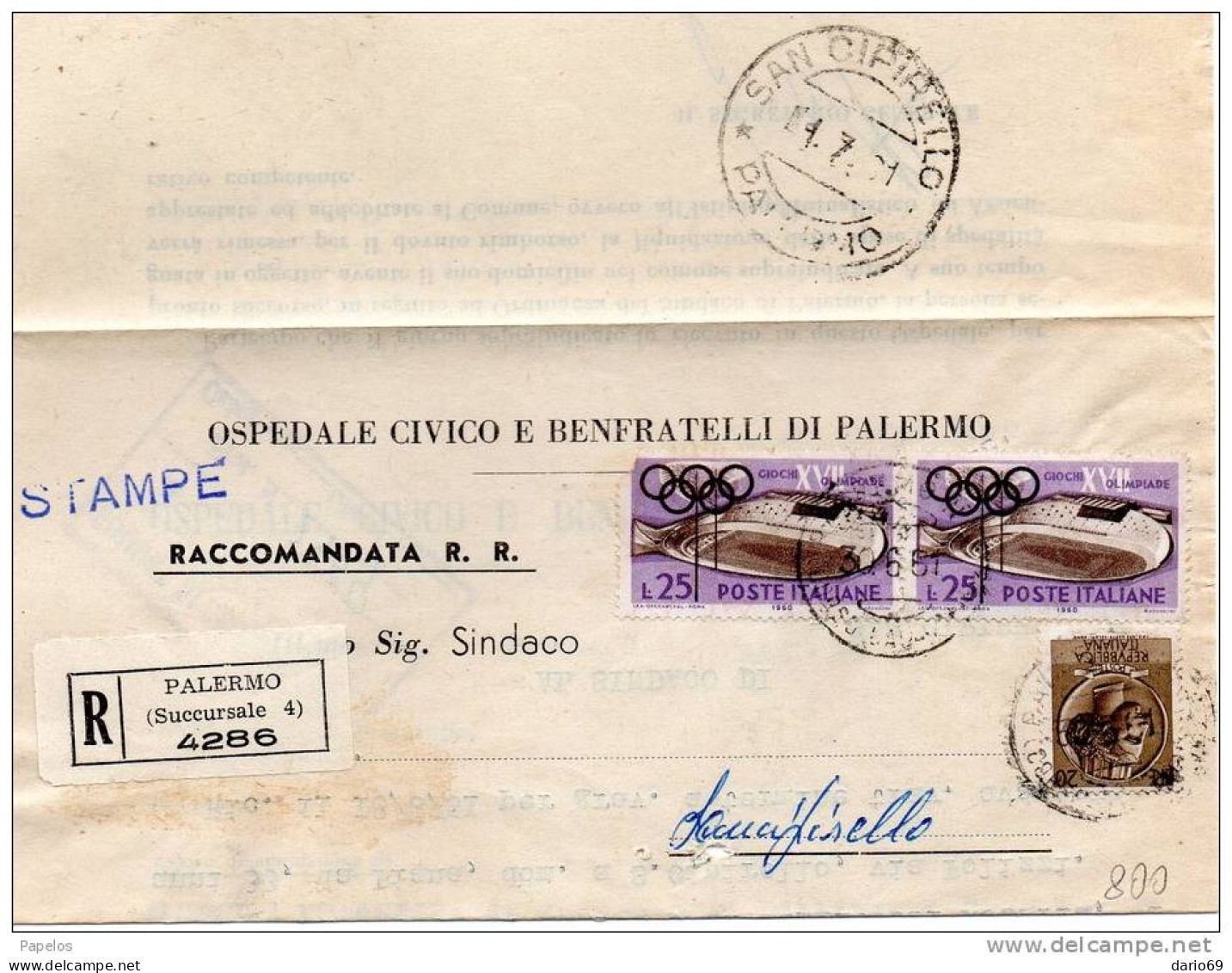 1961  LETTERA RACCOMANDATA  CON ANNULLO PALERMO   SUCC 4  +  S. CIPIRELLO - 1961-70: Marcofilie