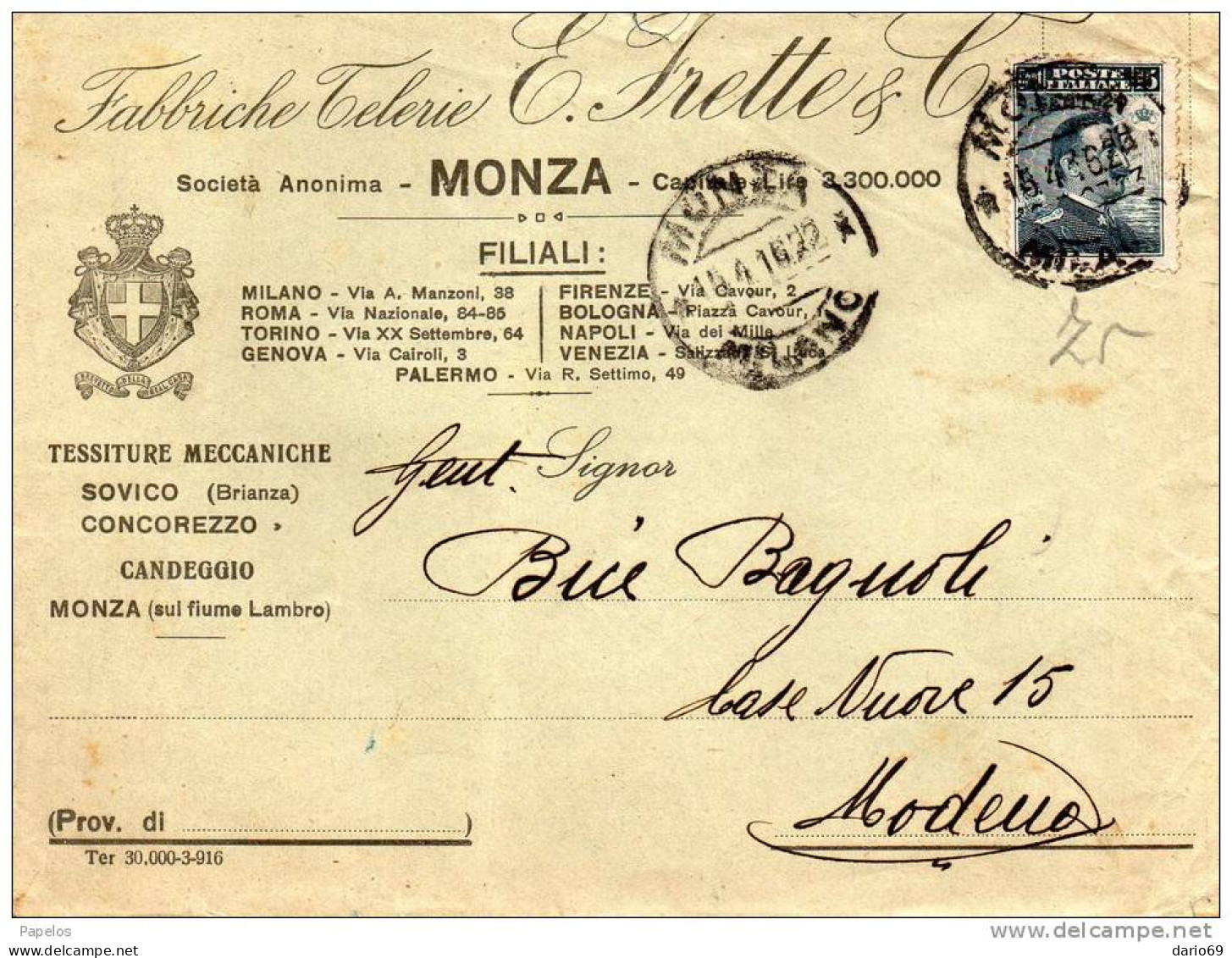 1916  LETTERA  INTESTATA FABBRICHE TELERIE MONZA - Marcophilia