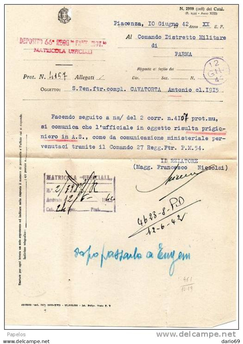 1942 LETTERA CON ANNULLO PIACENZA  DEPOSITO 66° REGGIMENTO FANTERIA - Marcophilia