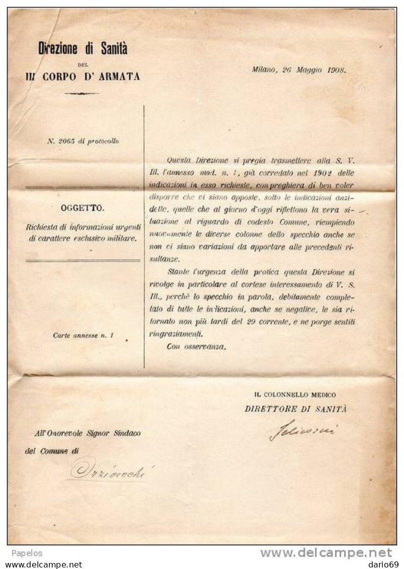 1908 LETTERA  CON ANNULLO MILANO + DIREZIONE DI SANITÀ   MILITARE - Franchise