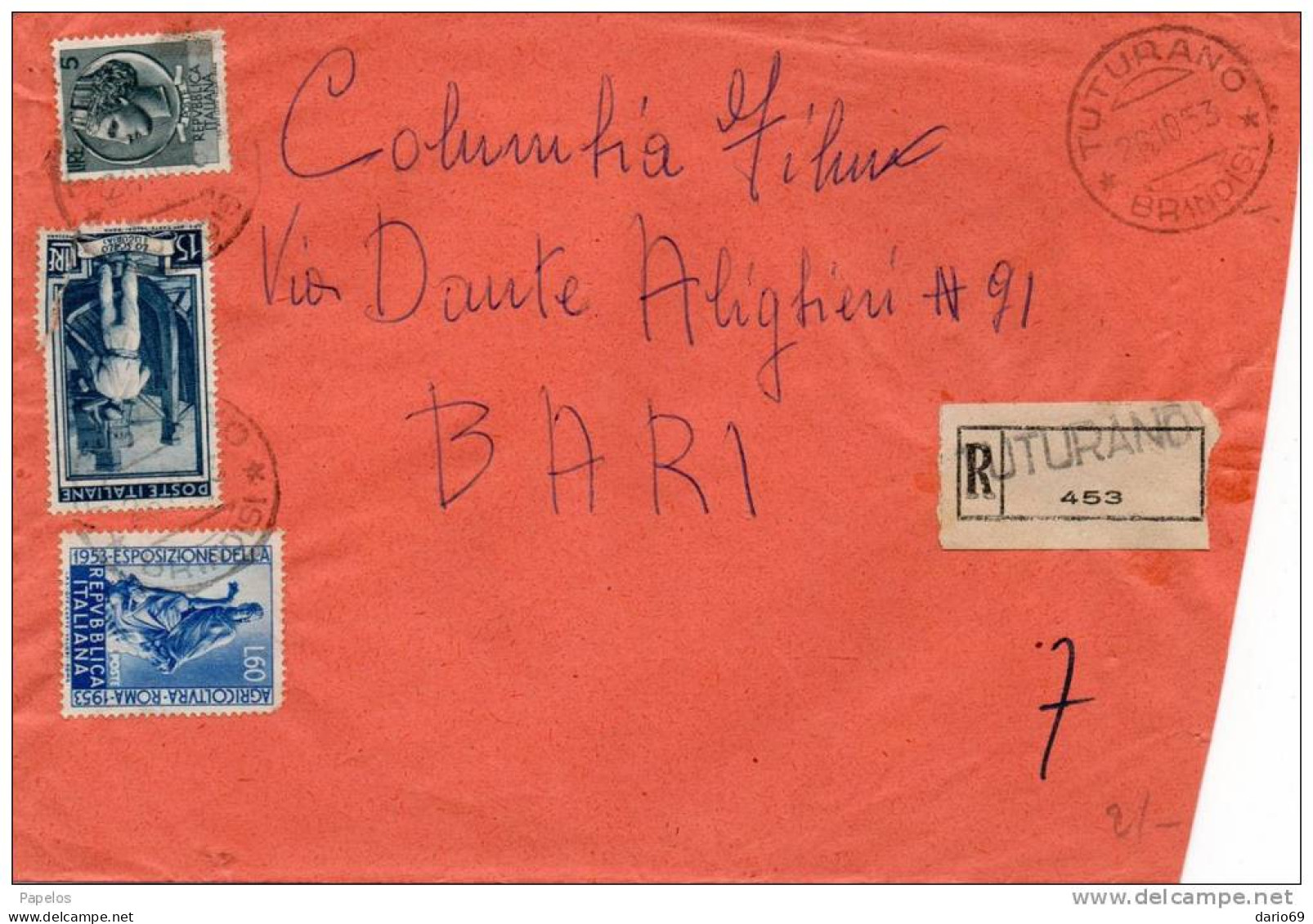 1953  LETTERA  RACCOMANDATA  CON ANNULLO TUTURANO BRINDISI - 1946-60: Storia Postale