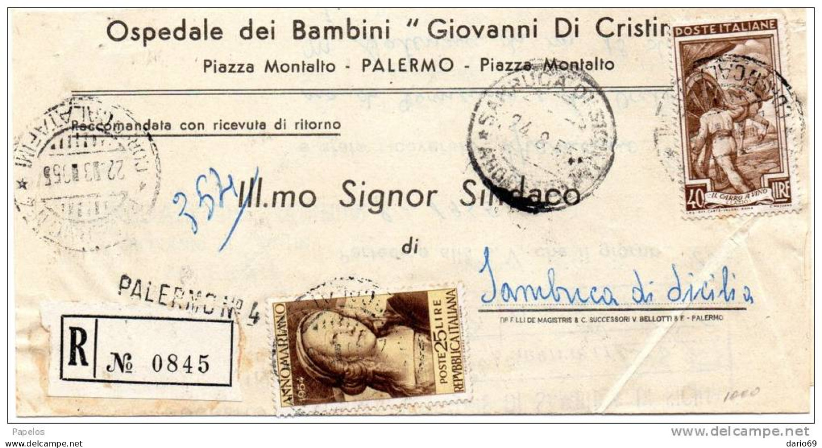 1955  LETTERA  RACCOMANDATA  CON ANNULLO PALERMO 4 - 1946-60: Storia Postale