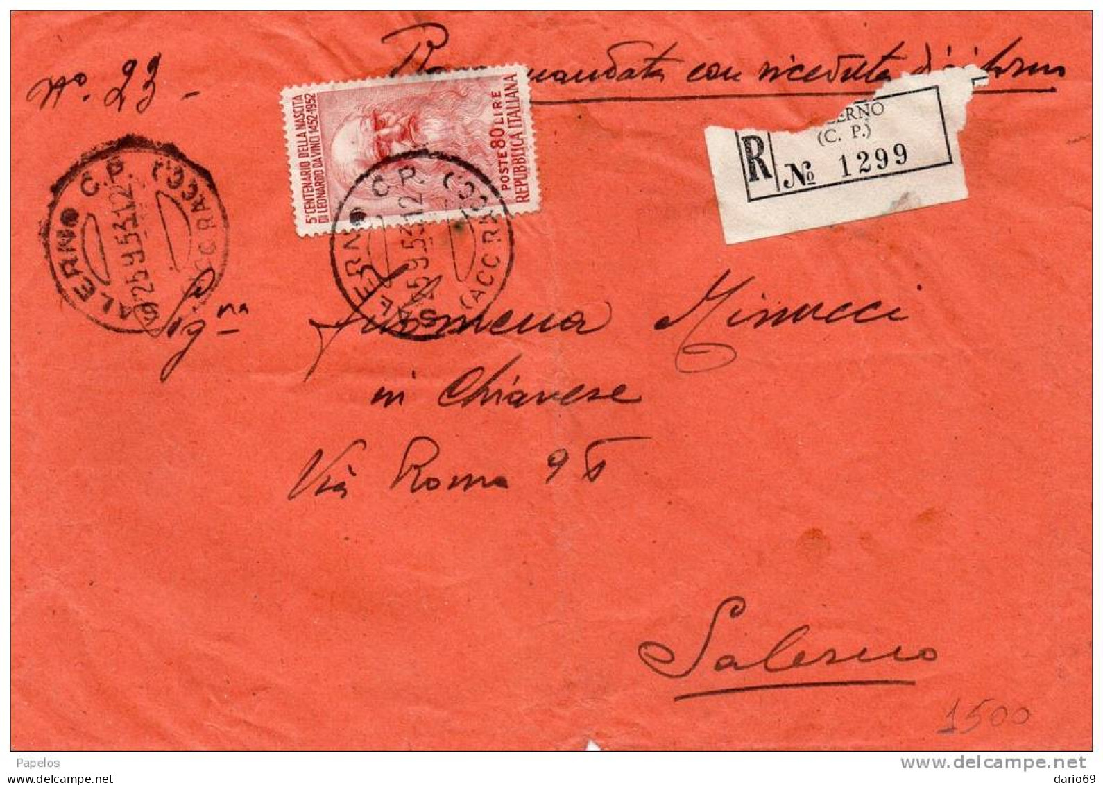1953 LETTERA RACCOMANDATA CON ANNULLO SALERNO - 1946-60: Storia Postale
