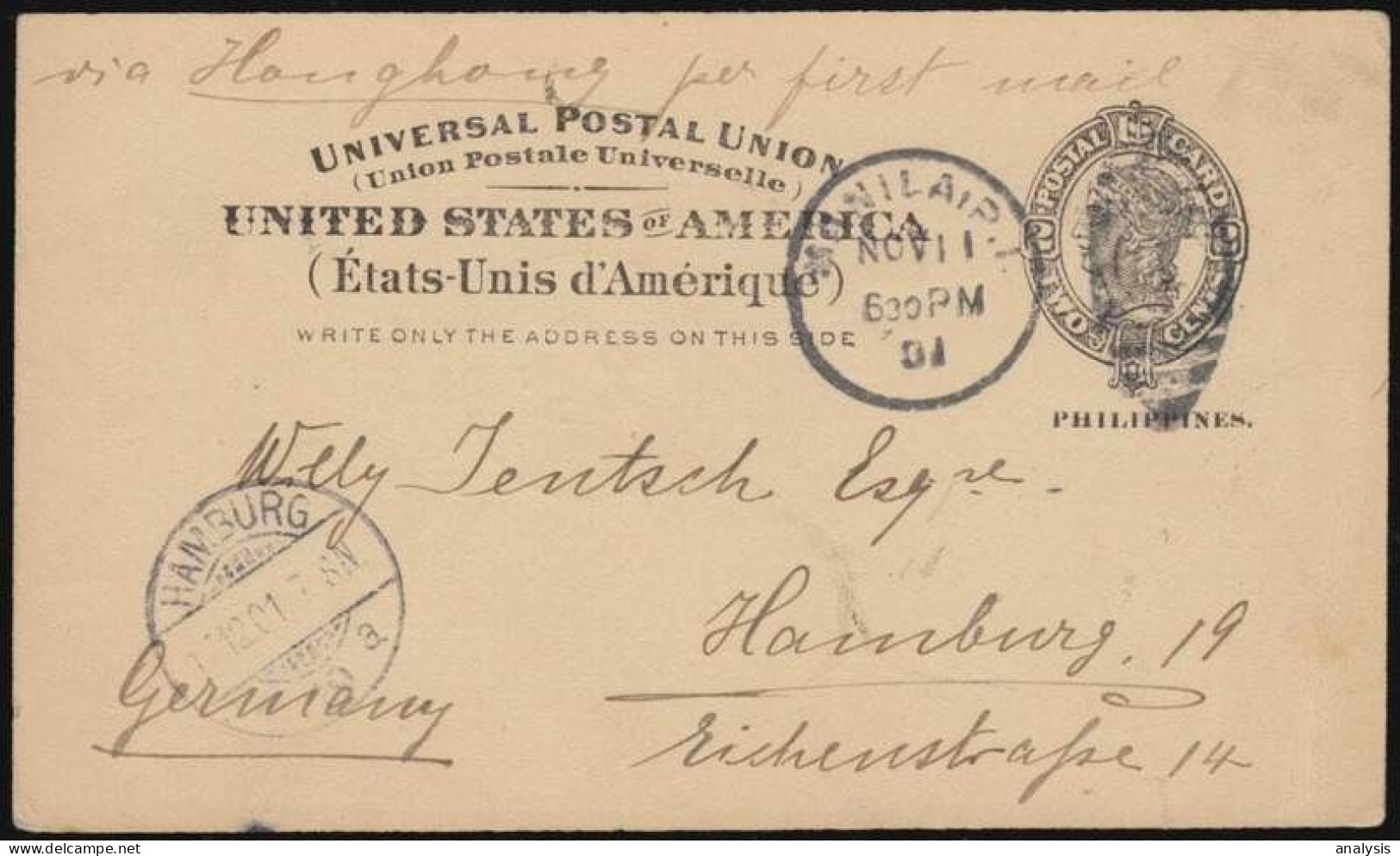 Philippines Manila Ovpr 2c Postal Stationery Card Mailed To Germany 1901 Via Hong Kong China. US Territory - Philippines