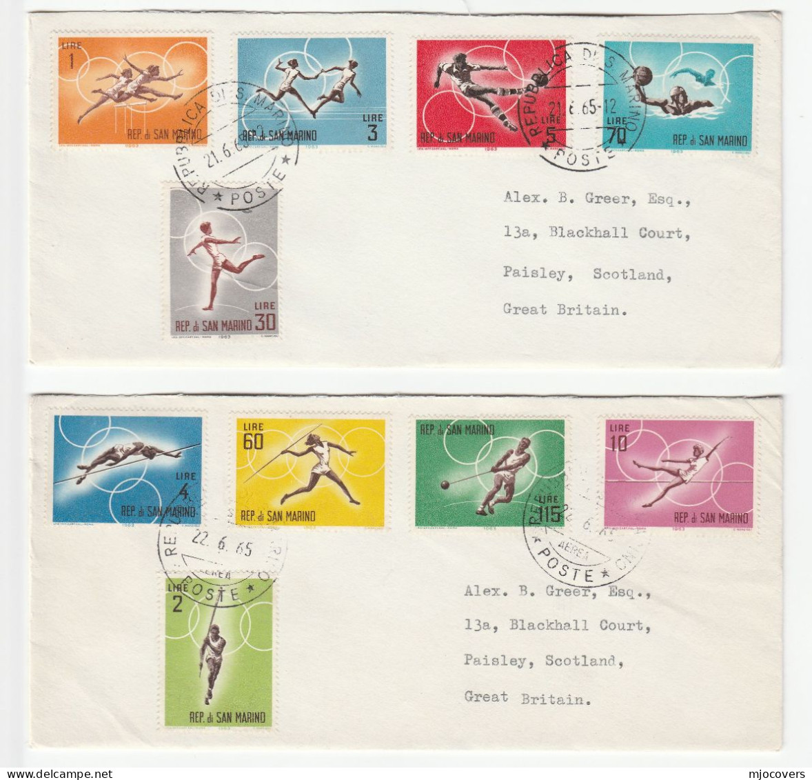 SAN MARINO Set 10 Of Tokyo OLYMPICS Stamps On 2 COVER To GB Sport Athletics Football Soccer Water Polo Etc Olympic Games - Sommer 1964: Tokio