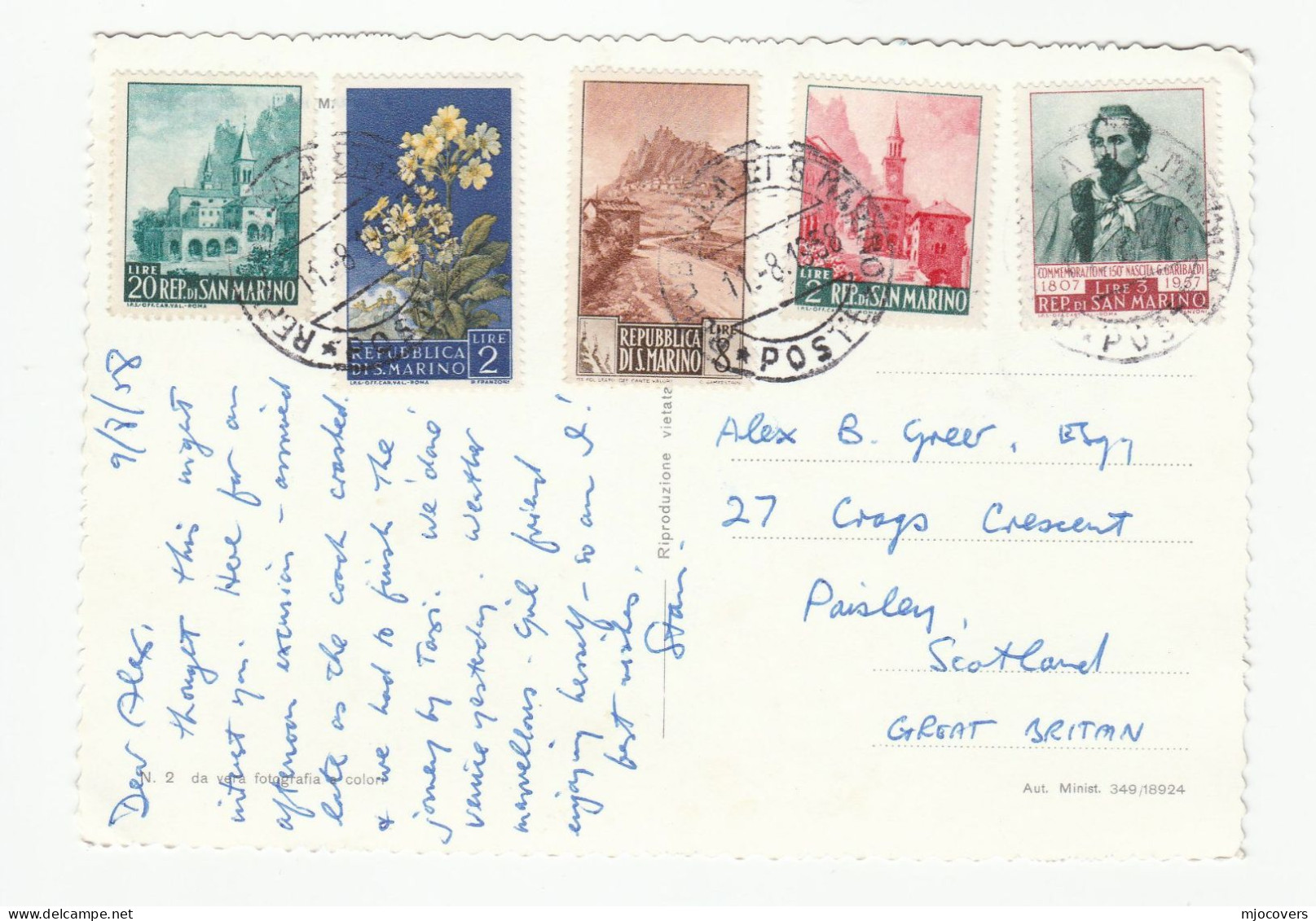 1958 San Marino Cover GARIBALDI  Views FLOWER Etc Stamps Postcard  To GB - Covers & Documents