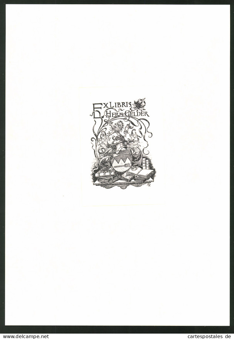 Exlibris Von A. Hildebrandt Für Herm. Gelder, Wappen Mit Ritterhelm Und Löwe Auf Büchern  - Ex Libris