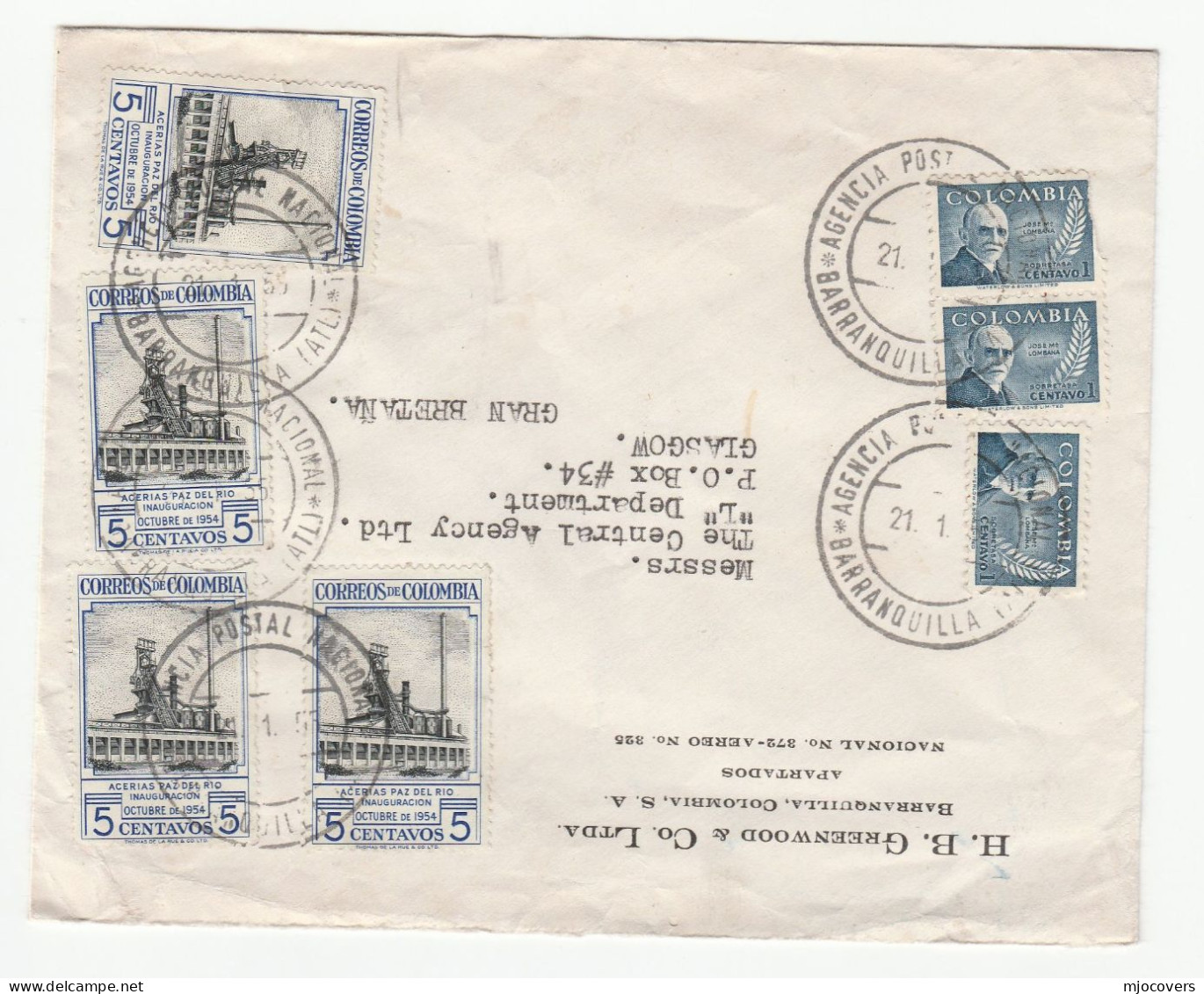 1955 COLOMBIA Multi STEEL INDUSTRY Acerías Paz Del Río Stamps Cover To GB - Colombia