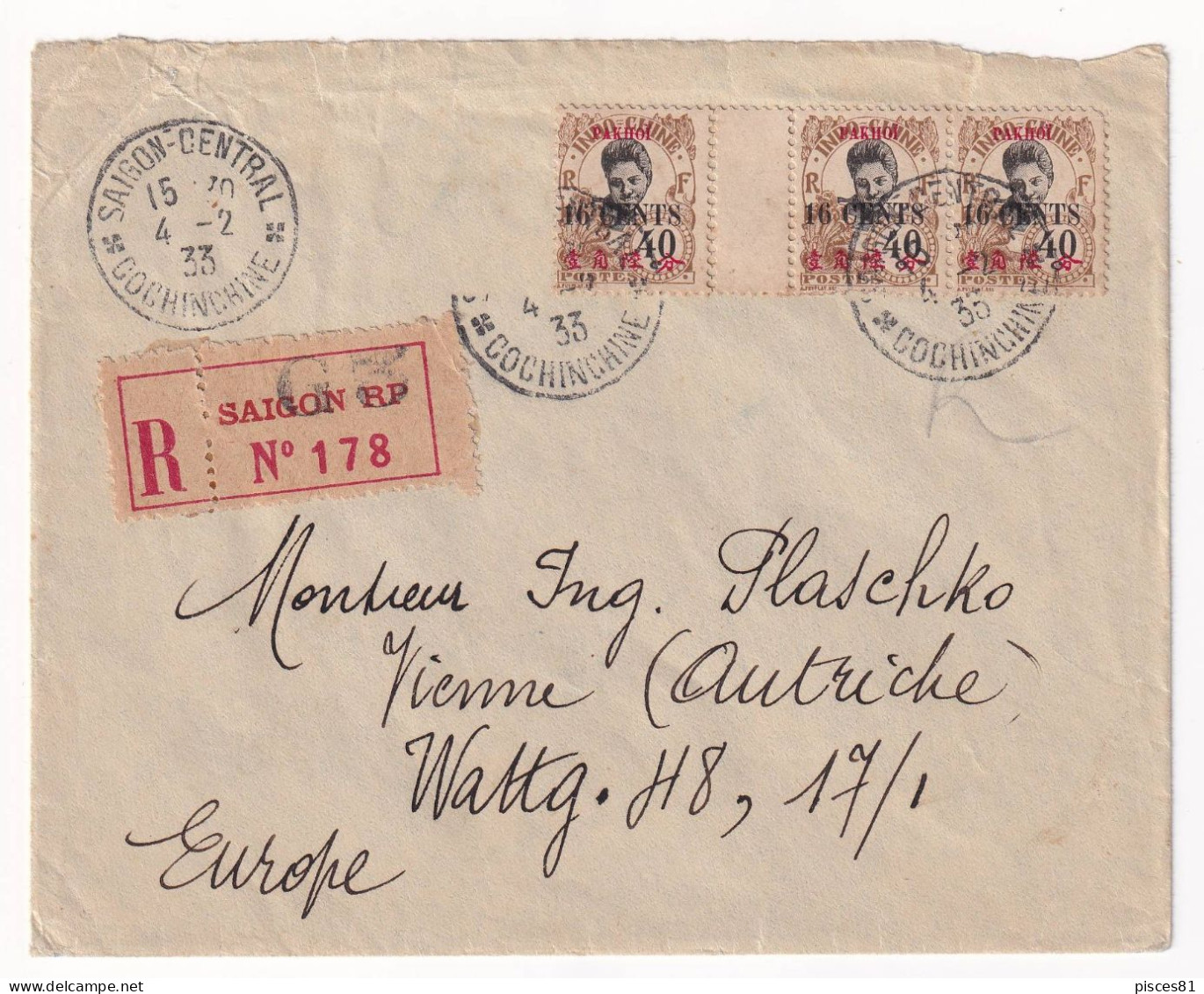 1933 Cover From Saigon To Europe Fraking Pakhoi Stamp Issue - Brieven En Documenten