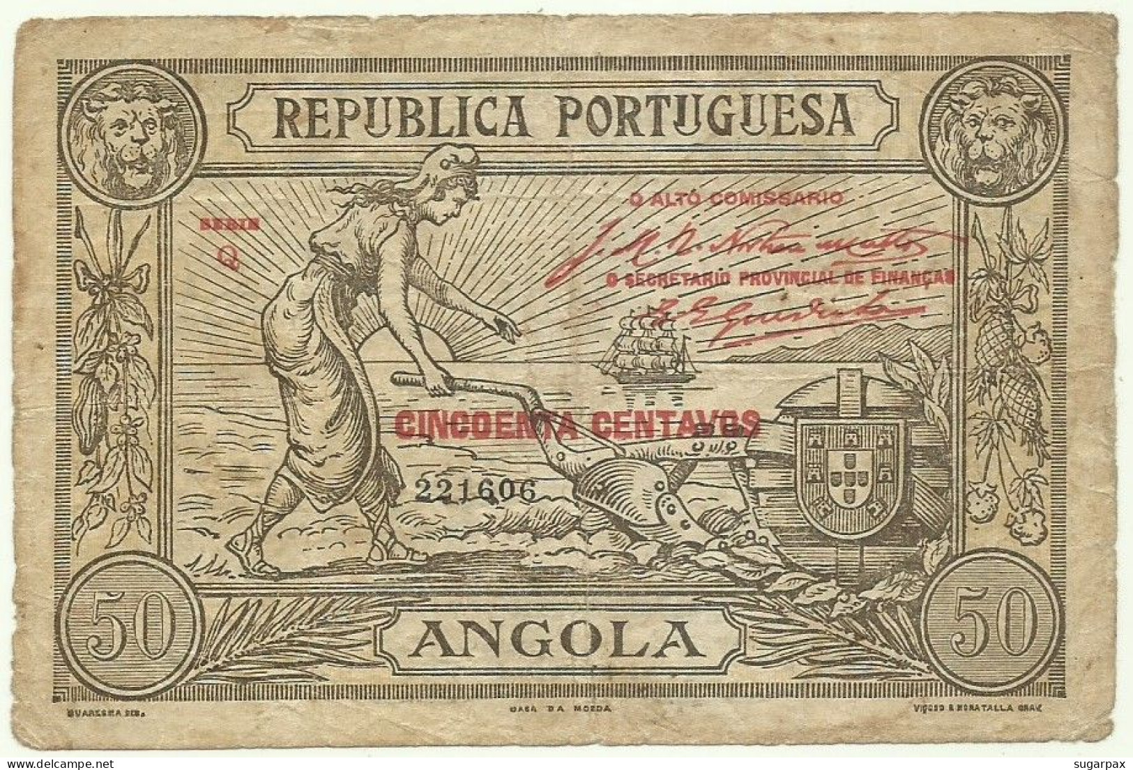 Angola - 50 Centavos - 1921 - Pick 62 - Série Q - Republica Portuguesa - Angola