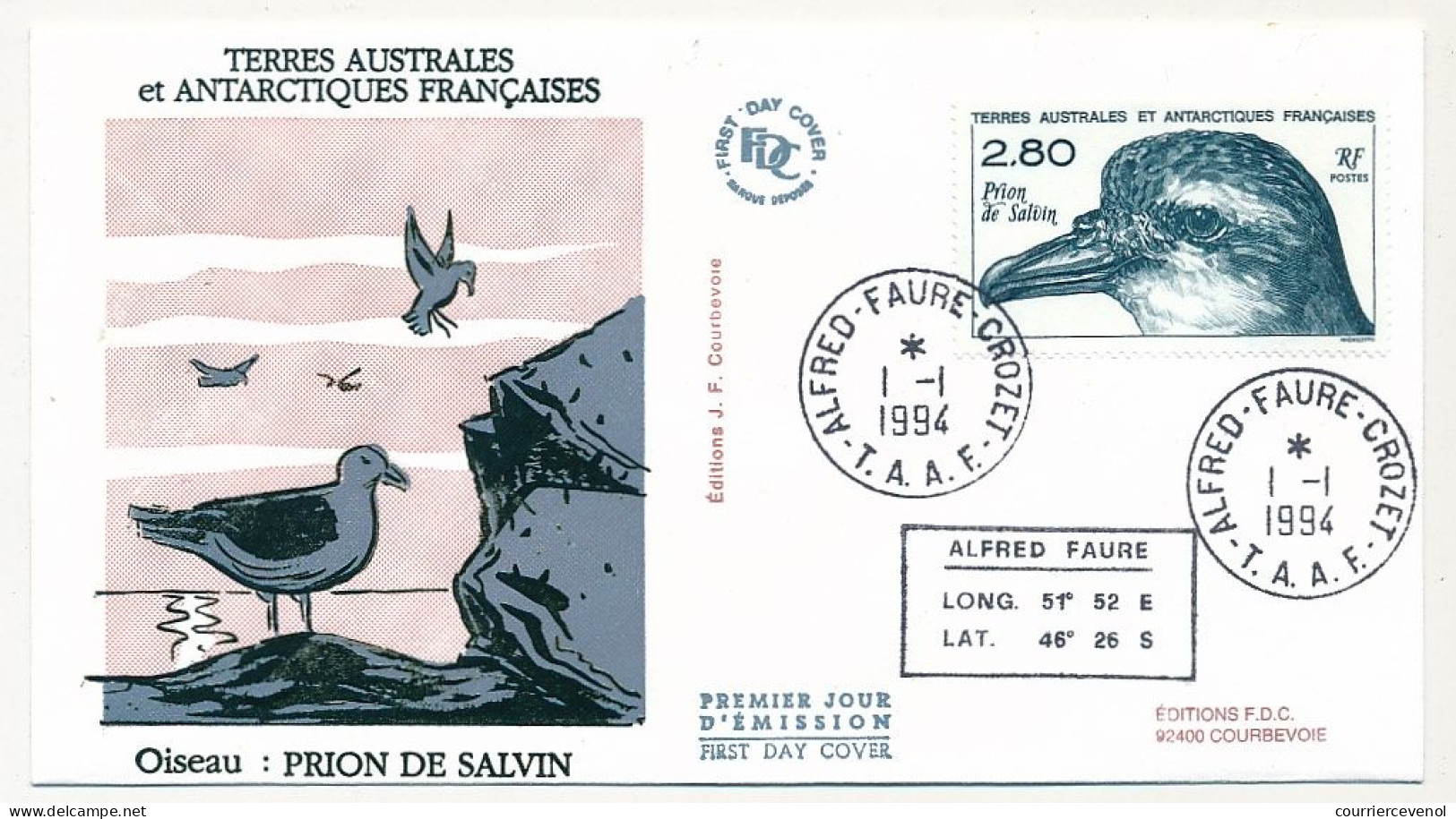 TAAF - Enveloppe FDC - 2,80 Prion De Salvin - Alfred Faure Crozet - 1-1-1994 - FDC