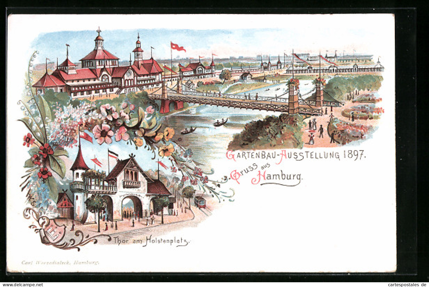 Lithographie Hamburg, Gartenbau-Ausstellung 1897, Ortspartie, Thor Am Holstenplatz  - Exhibitions