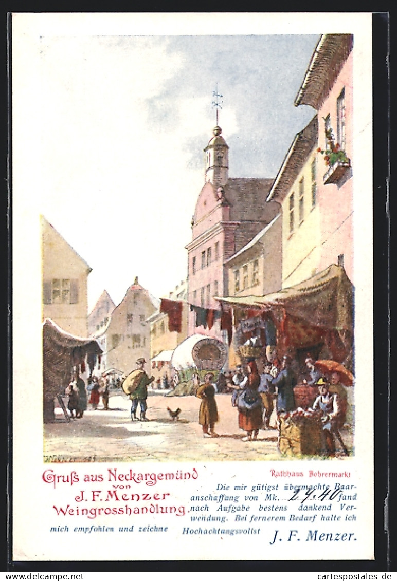 Künstler-AK Neckargemünd, Rathaus Bohrermarkt, Weingrosshandlung Von J. F. Menzer  - Neckargemuend