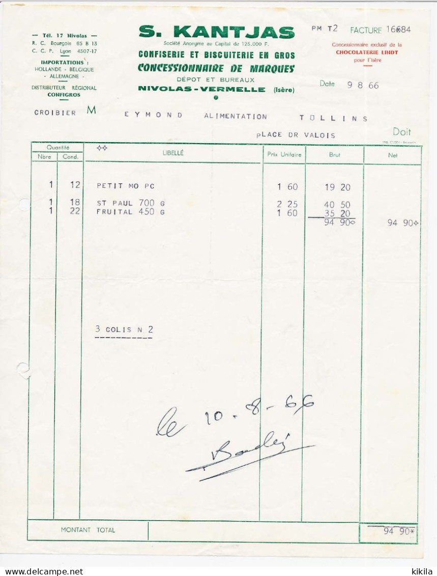 Facture Du 09 Août 1966 à En-tête De S. KANTJAS à Nivollas-Vermelle Isère 38 Confiserie Et Biscuiterie En Gros - Alimentare