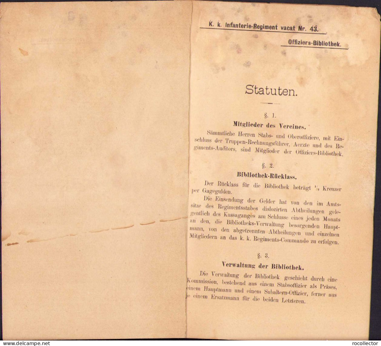 Statuten Für Die Offiziers-Bibliotek Des Infanterie-Regiments Nr. 43 Karansebes 1887 C1110 - Livres Anciens