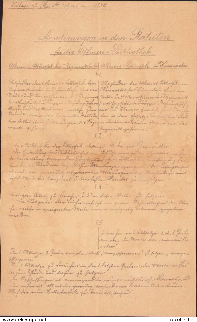 Statuten Für Die Offiziers-Bibliotek Des Infanterie-Regiments Nr. 43 Karansebes 1887 C1110 - Alte Bücher