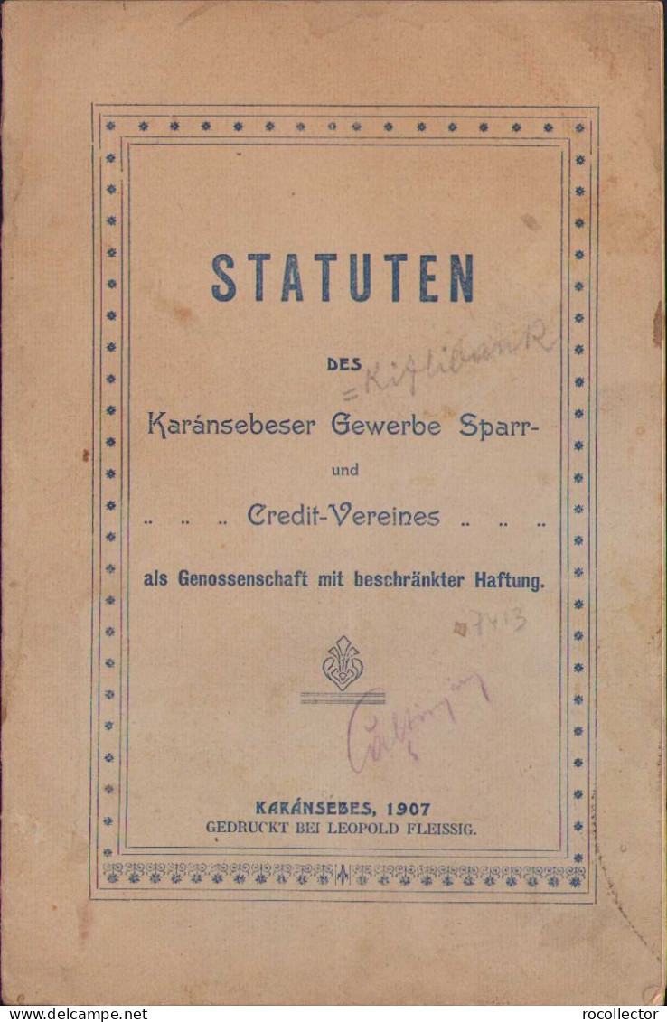 Statuten Des Karánsebeser Gewerbe Sparr- Und Credit-Vereines, 1907 C1109 - Old Books