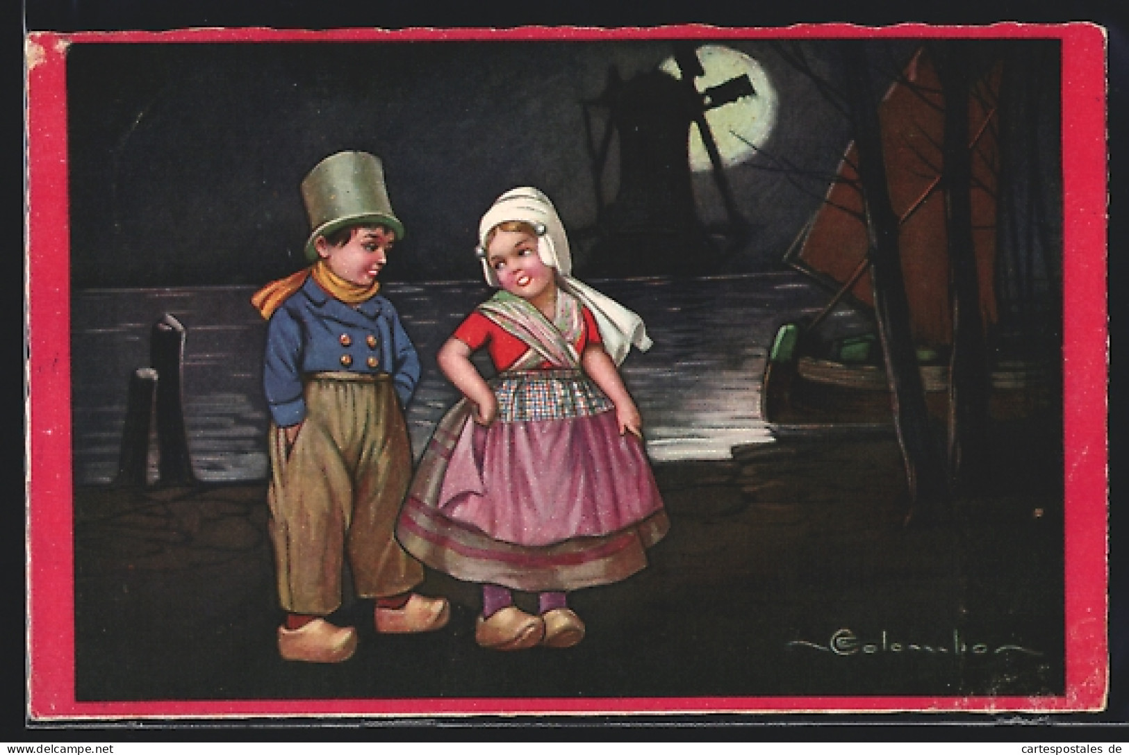 Künstler-AK E. Colombo: Holländisches Paar Mit Holzschuhen Bei Mondschein, Im Hintergrund Windmühle  - Colombo, E.