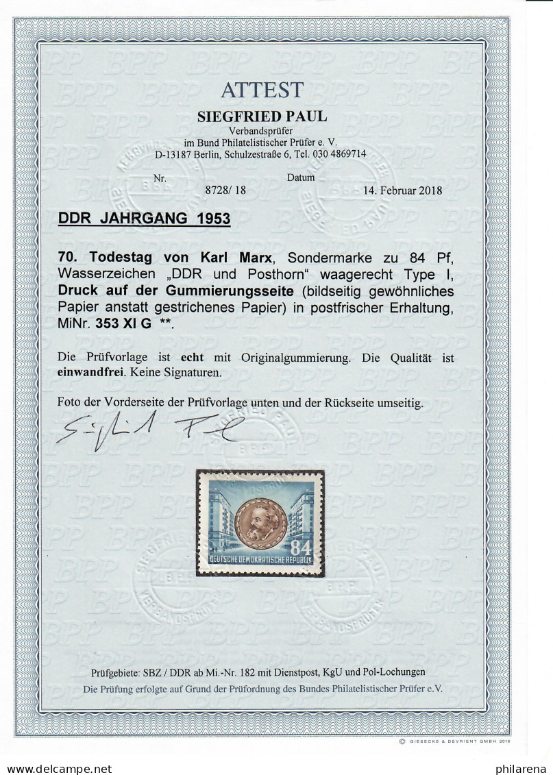 DDR: MiNr. 353 XI G, Postfrisch, **, Druck Auf Gummiseite, BPP Attest - Neufs