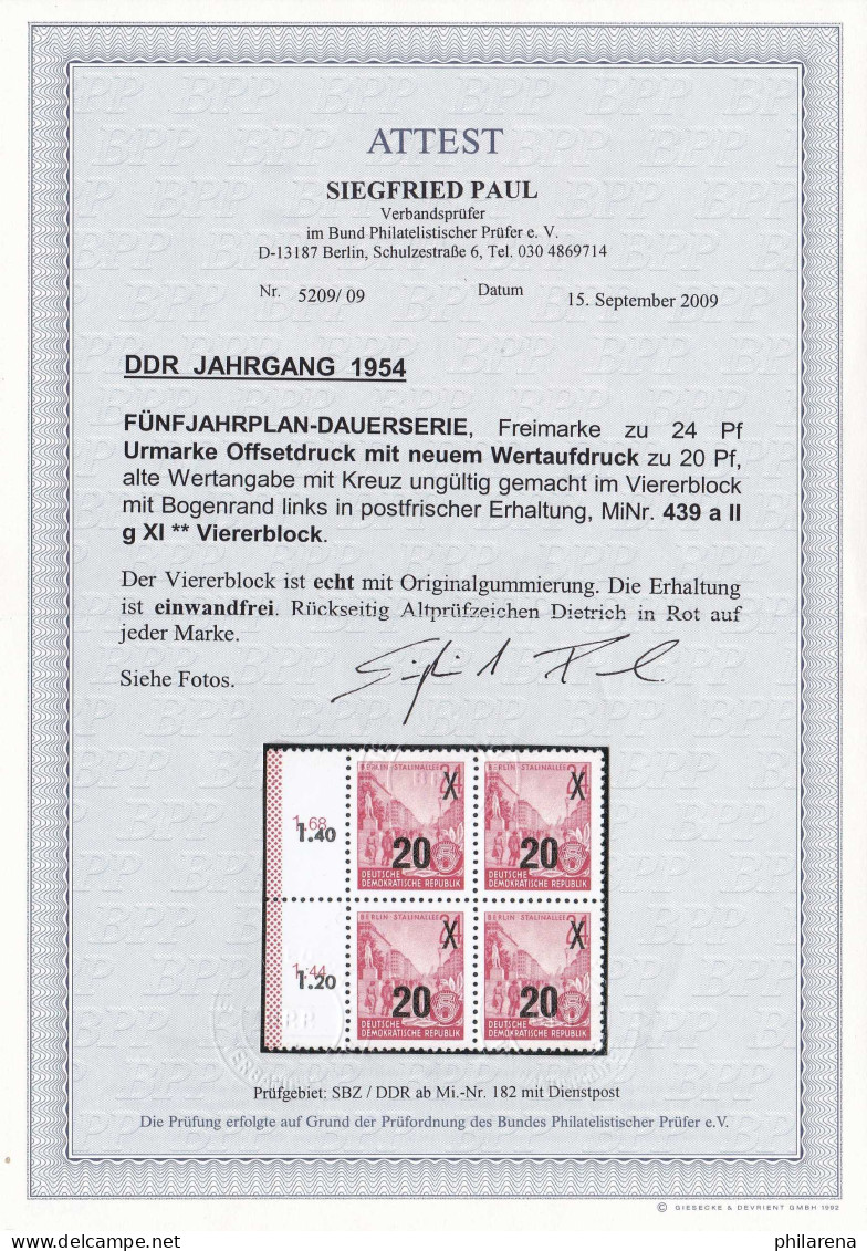 DDR: MiNr. 439 AII G XI, **, Viererblock, BPP Attest, Jahrgang 1954 SELTEN !!! - Neufs