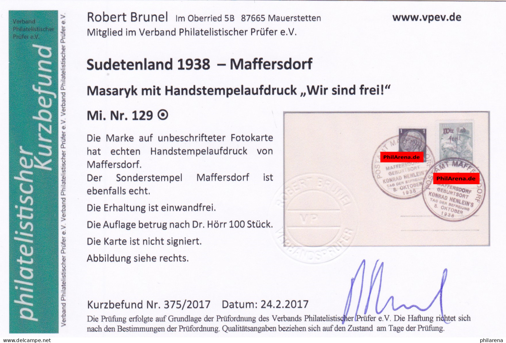 Sudetenland: Maffersdorf, MiNr. 129, Gestempelt Auf Karte Henlein Geburtshaus - Sudetes