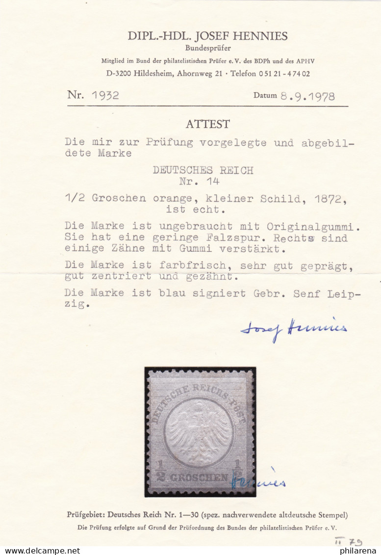 Deutsches Reich: MiNr. 14, Kleiner Schild, *, BPP Attest - Unused Stamps