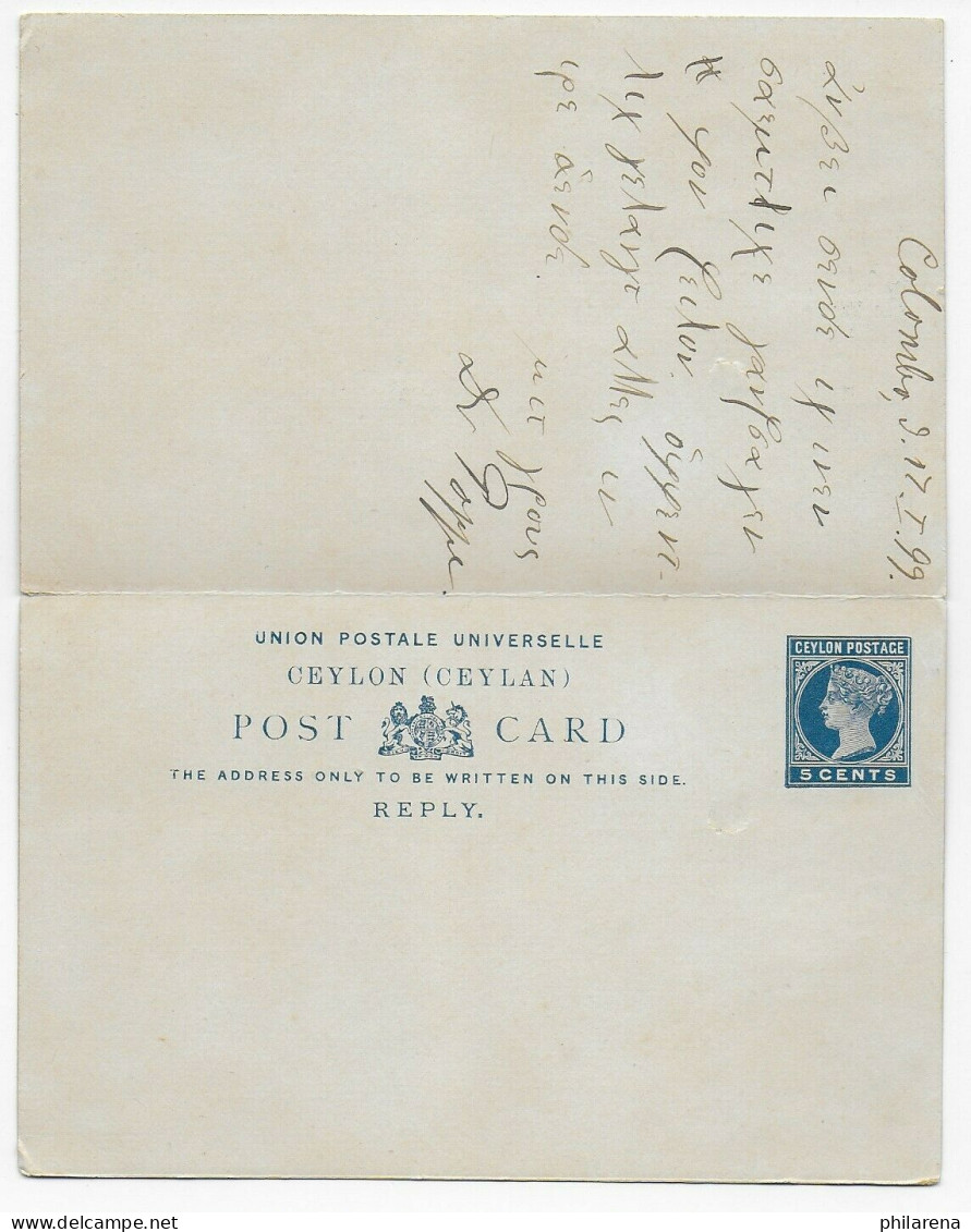 Double-Postcard Colombo 1899 To Sao Paulo/Brazil - Sri Lanka (Ceylon) (1948-...)