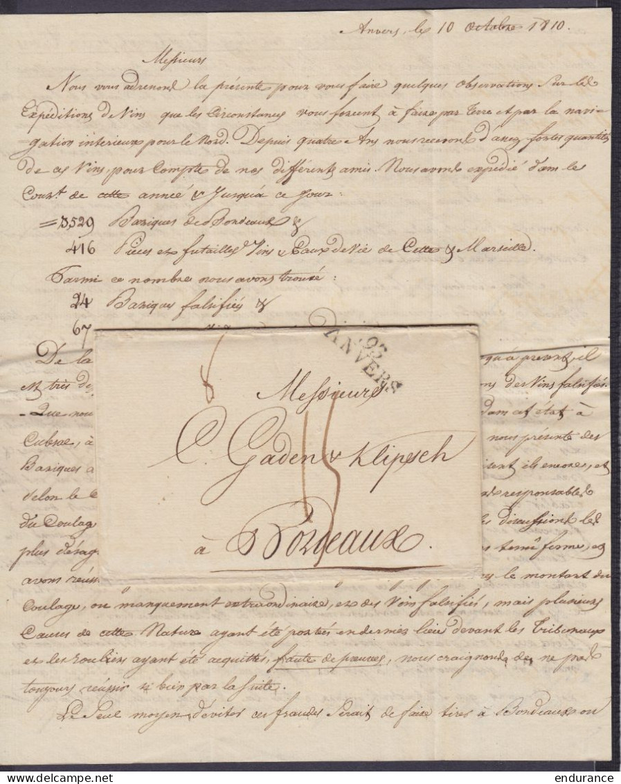 L. Datée 10 Octobre 1810 De ANVERS Pour Marchand De Vins à BORDEAUX France - Griffe "83/ ANVERS" - Ports "15" & "8" - Vo - 1794-1814 (Franse Tijd)