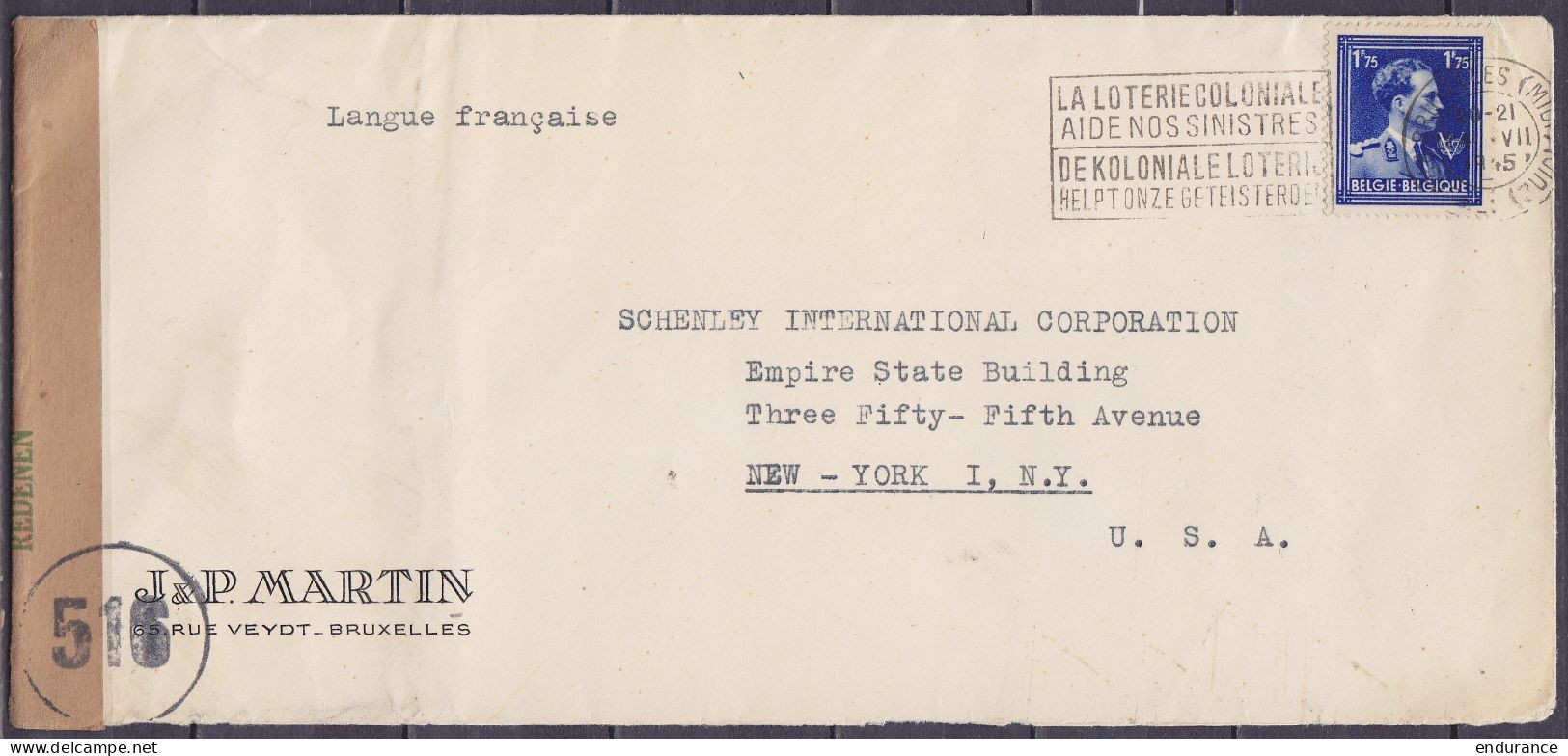 Env. Entête "J.&P. Martin" Affr. N°642 Flam. BRUXELLES /24 VII 1945 Pour NEW YORK - Cachet Et Bande Censure Belge - 1936-1957 Open Collar