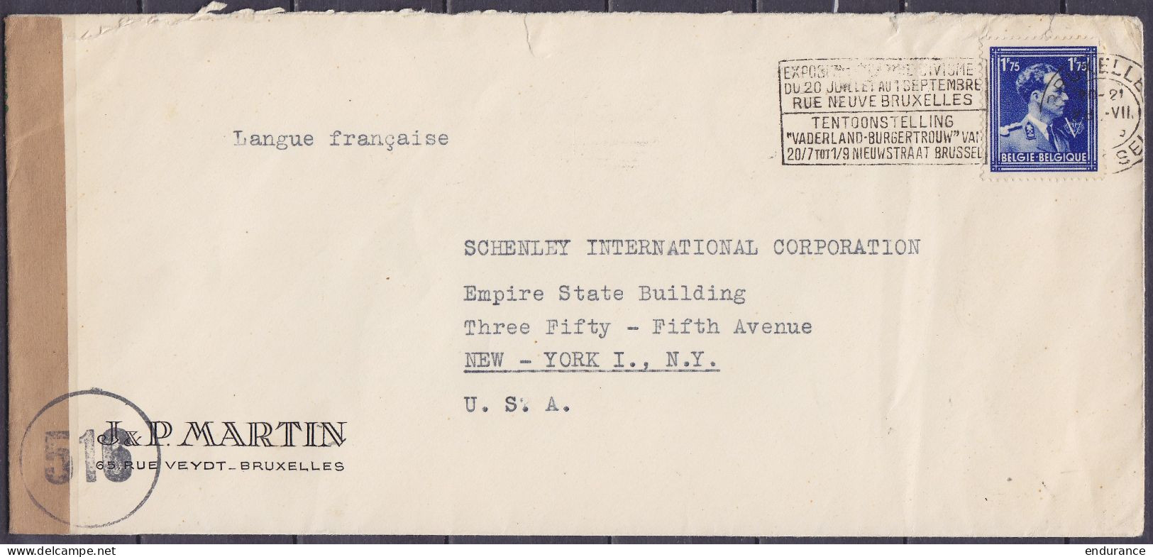 Env. Entête "J.&P. Martin" Affr. N°642 Flam. BRUXELLES /18 VIII 1945 Pour NEW YORK - Cachet Et Bande Censure Belge - 1936-1957 Open Collar