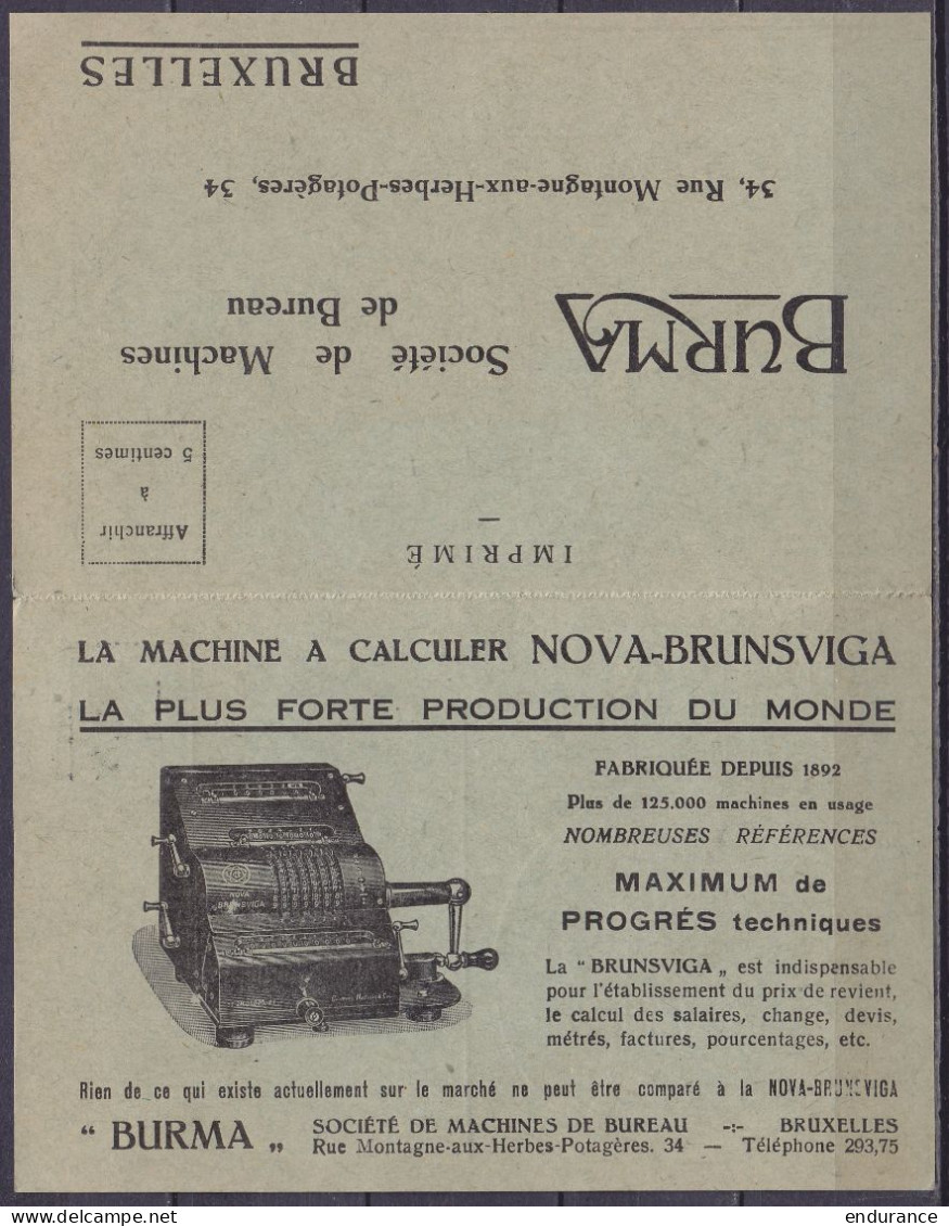 Imprimé Carte Publicitaire "Machines De Bureau Burma" Affr. PREO 5c Gris (N°193) Surch. [BRUXELLES /1927/ BRUSSEL] Pour  - Typografisch 1922-31 (Houyoux)